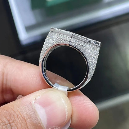 Iced Out Cross Ring: 6.67CTW Lab Grown Baguette Moissanite, Sterling Silver