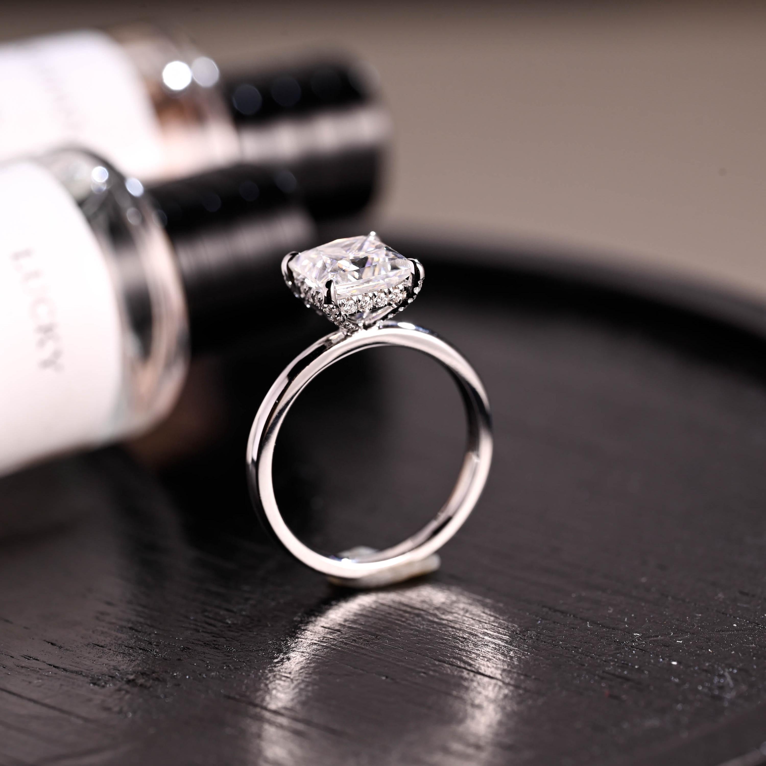 Solid Gold Princess Cut Moissanite Engagement Ring, 4 Prongs Pave Hidden Halo Wedding Ring