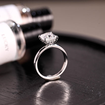 Solid Gold Princess Cut Moissanite Engagement Ring, 4 Prongs Pave Hidden Halo Wedding Ring