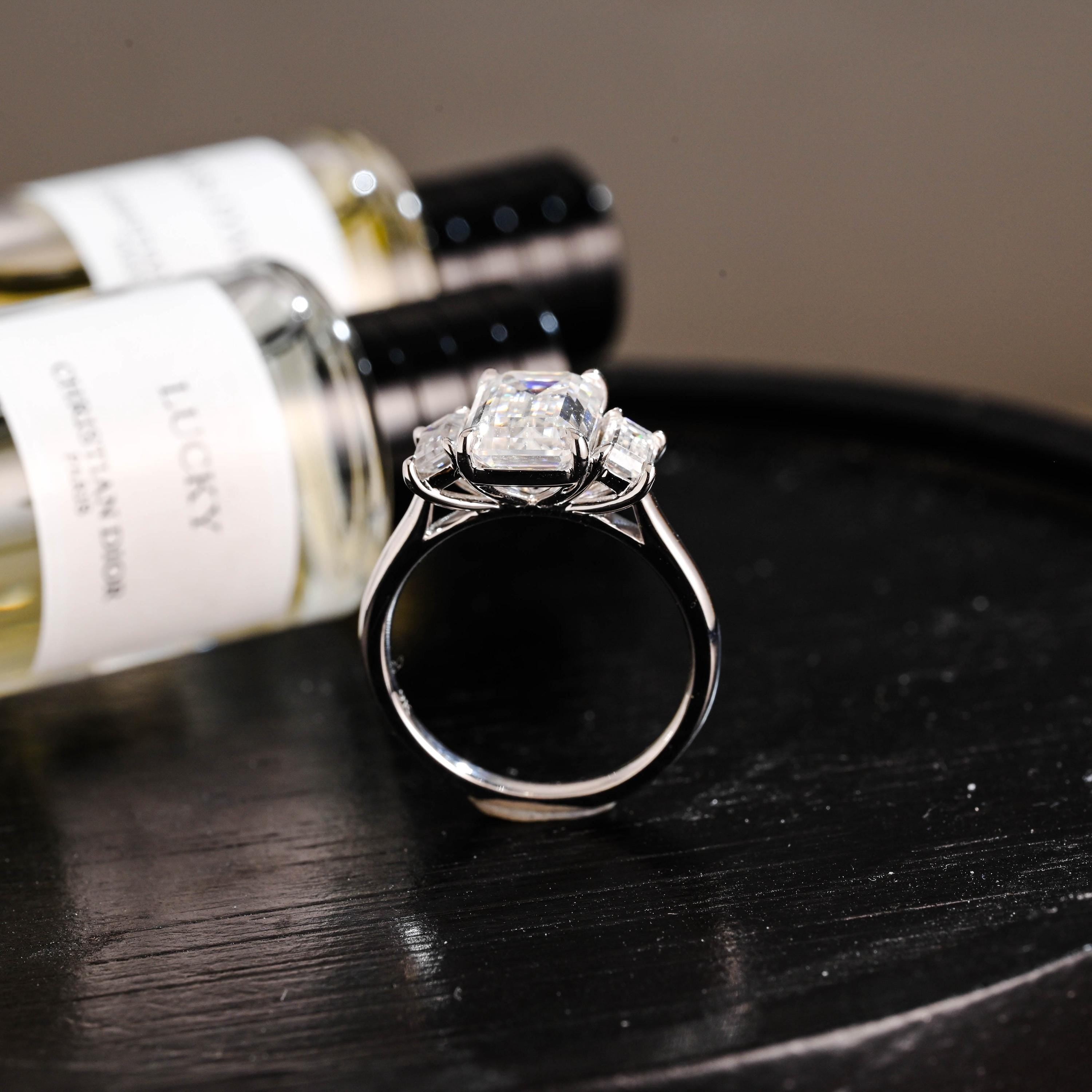 Three Stone Emerald Cut Moissanite Engagement Ring, Solid Gold Promise Ring, Gold Proposal Ring, Anniversary Gift Birthday Gift for Women