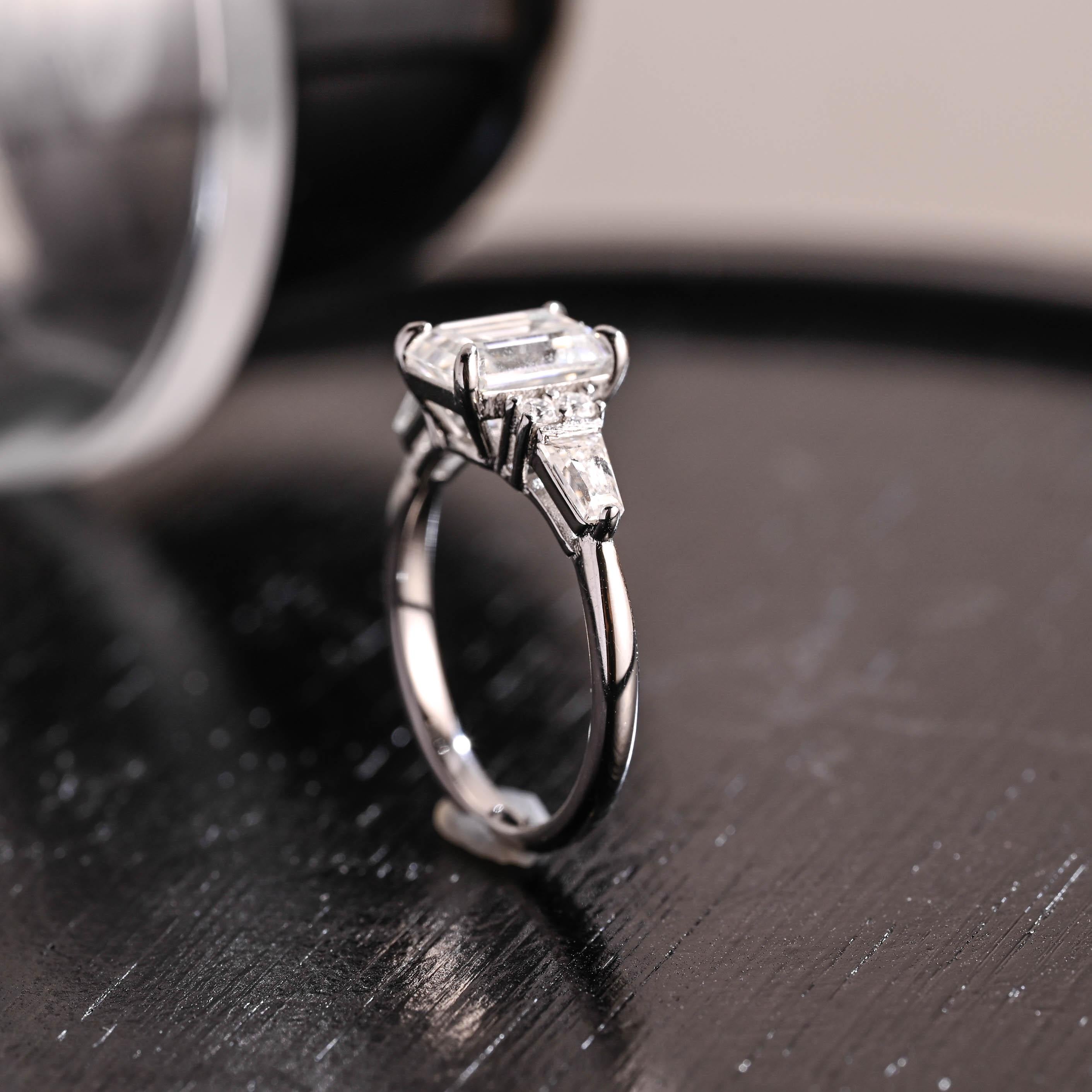 Solid Gold Three Stone Emerald Cut Moissanite Engagement Ring, Trapezoid Accents Emerald Cut Wedding Ring, Anniversary Ring, Moissanite Gift