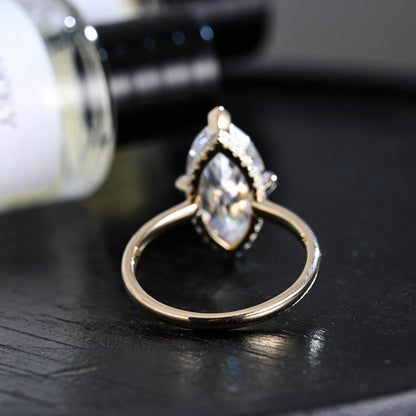 Solid Gold Marquise Cut Moissanite Engagement Ring, Hidden Halo Promise Ring