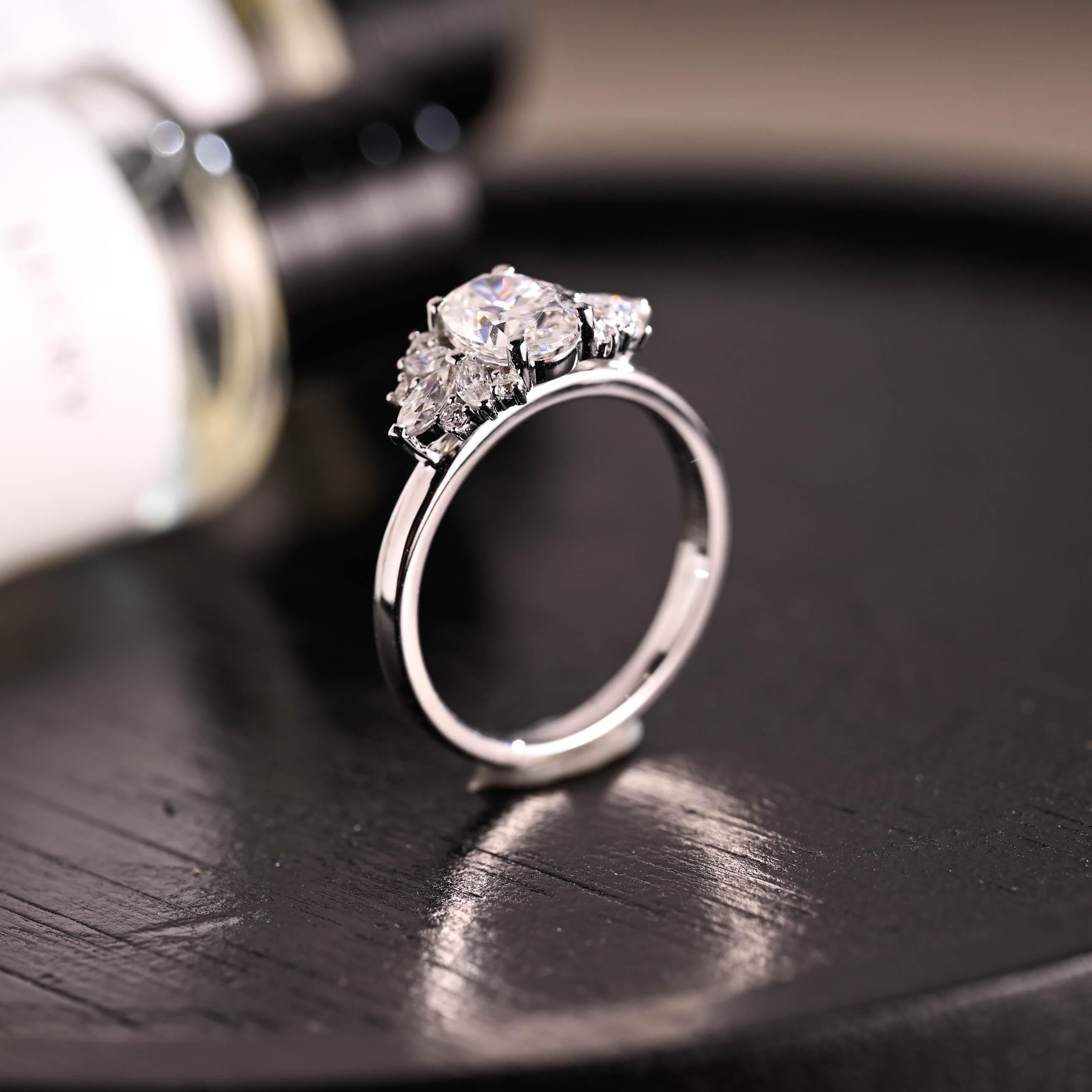 Solid Gold Side Cluster Oval Cut Moissanite Engagement Ring, High Profile Wedding Ring