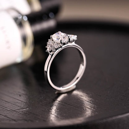 Solid Gold Side Cluster Oval Cut Moissanite Engagement Ring, High Profile Wedding Ring