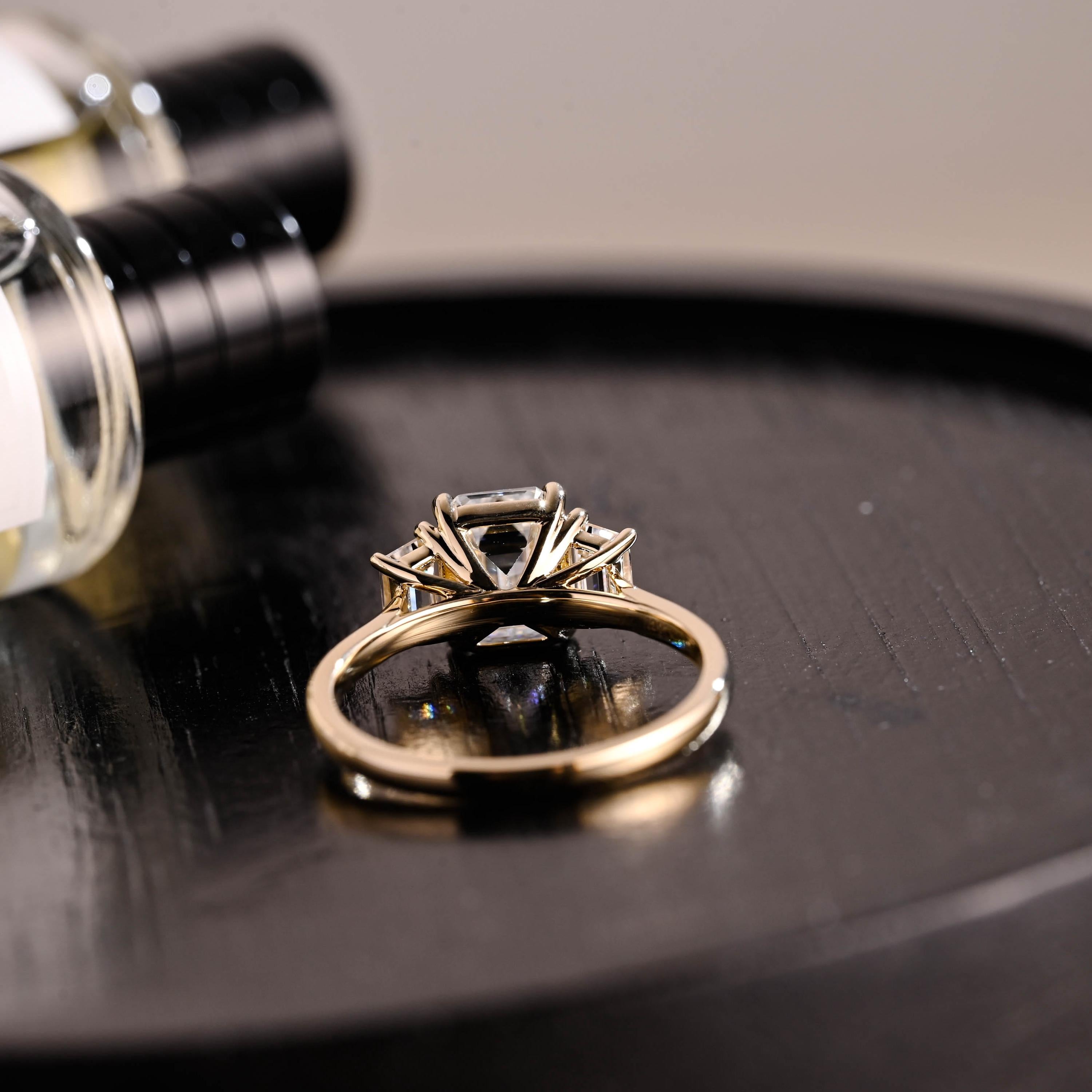 Solid Gold Three Stone Emerald Cut Moissanite Engagement Ring, Anniversary Ring, Moissanite Rings
