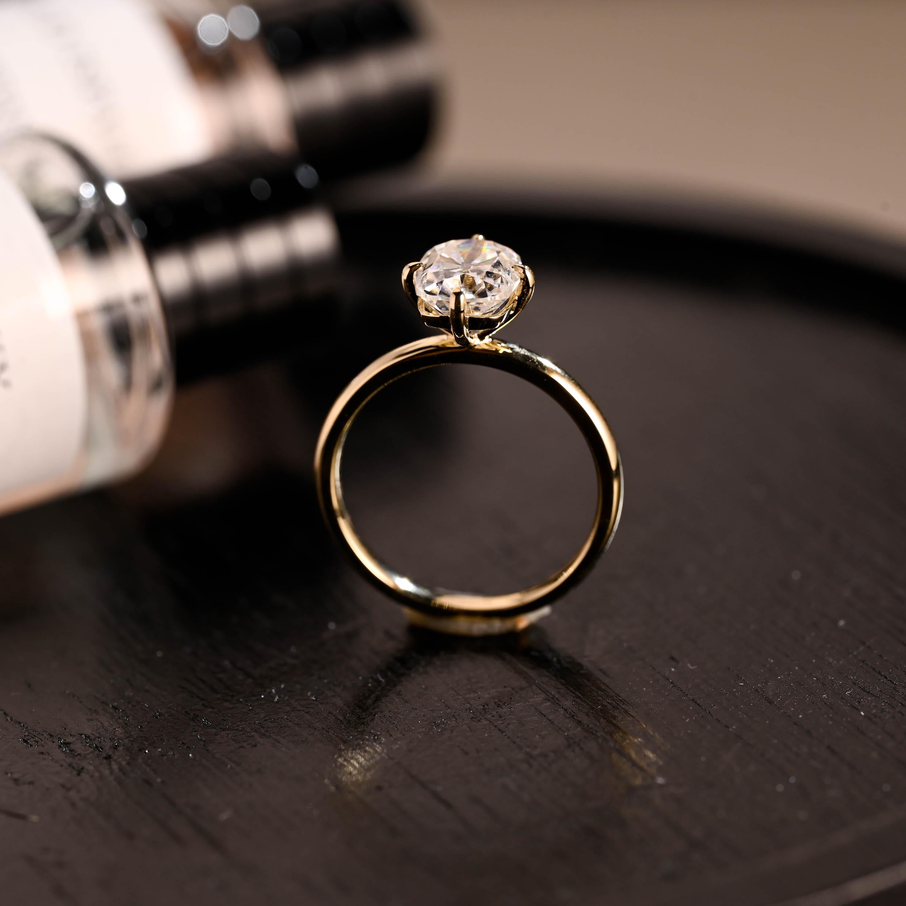 Solid Gold Elongated Cushion Moissanite Engagement Ring, Solitaire Compass Setting Moissanite Wedding Ring