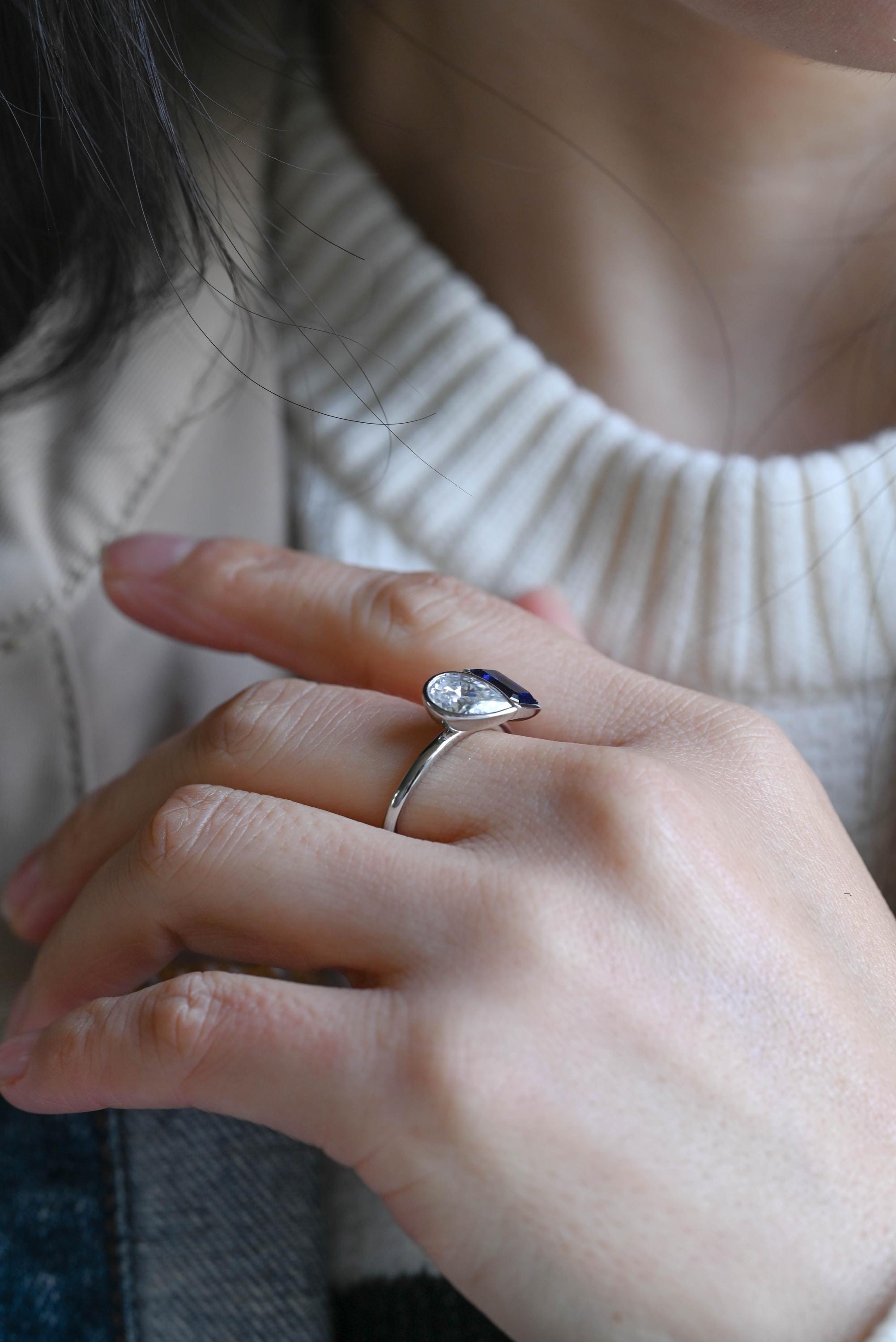 Bezel Solid Gold Emerald Cut Lab Grown Sapphire & Pear Cut Moissanite Toi et Moi Engagement Ring