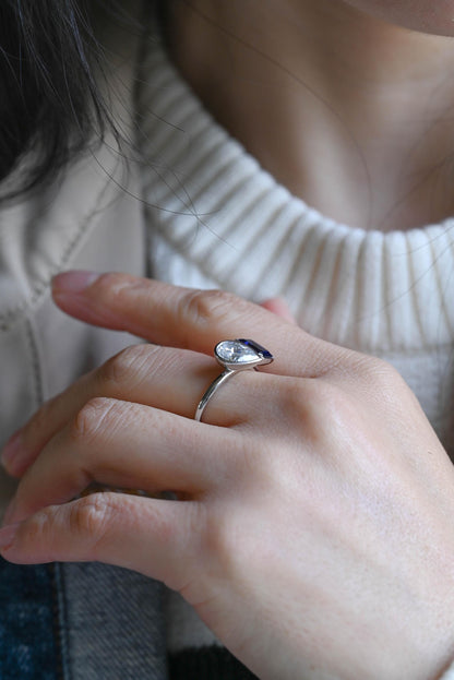 Bezel Solid Gold Emerald Cut Lab Grown Sapphire & Pear Cut Moissanite Toi et Moi Engagement Ring