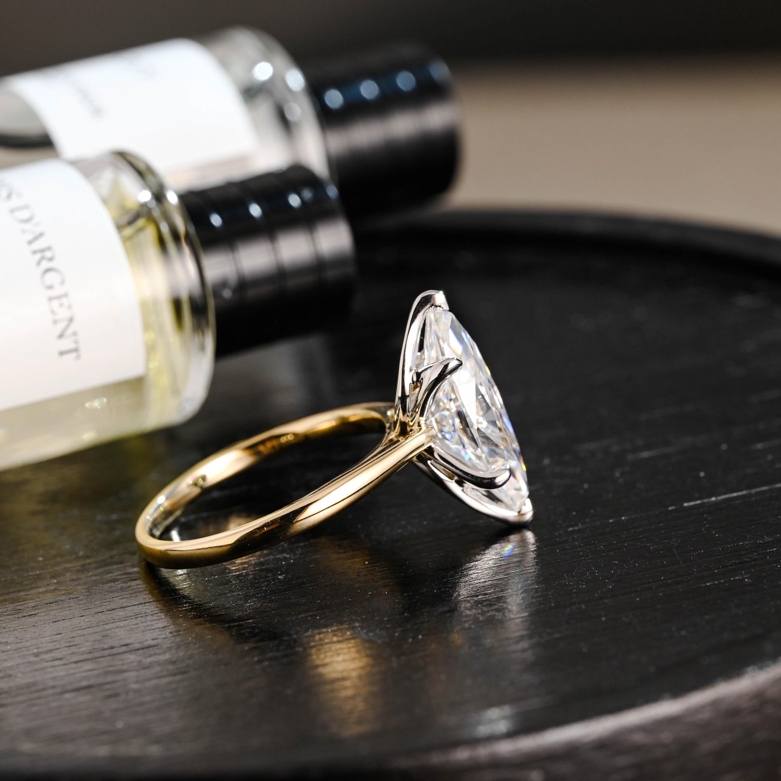 Two Tone Tulip Setting Marquise Moissanite Ring, Solid Gold Engagement Ring