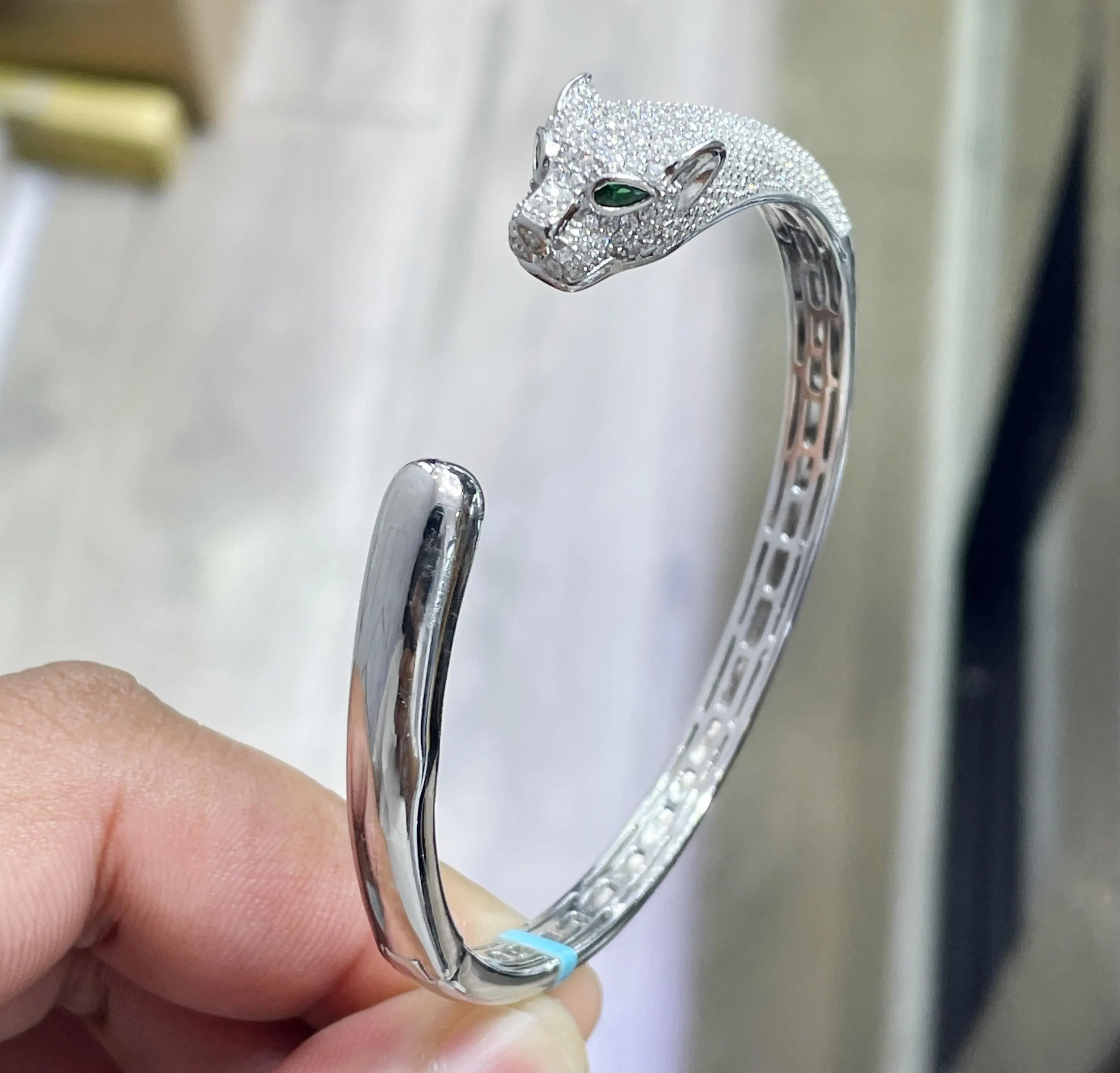 14K Gold Plated Panther Bangle: Sterling Silver Moissanite Bracelet