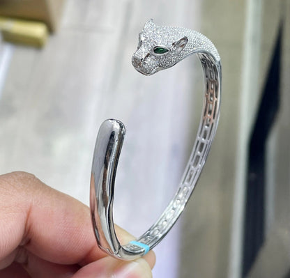 14K Gold Plated Panther Bangle: Sterling Silver Moissanite Bracelet