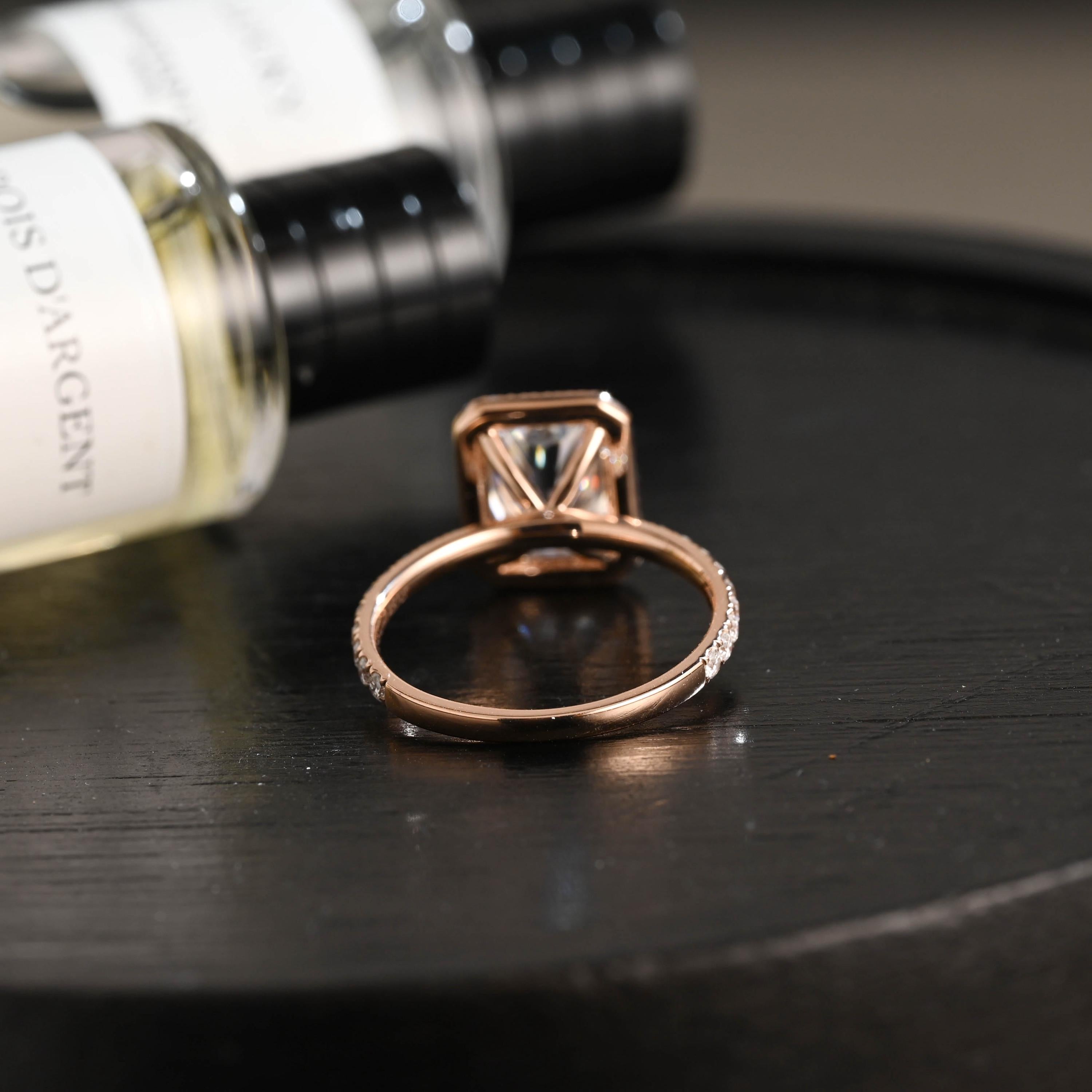 Solid Gold Radiant Cut Moissanite Engagement Ring, Halo Pave Vintage Style Wedding Ring