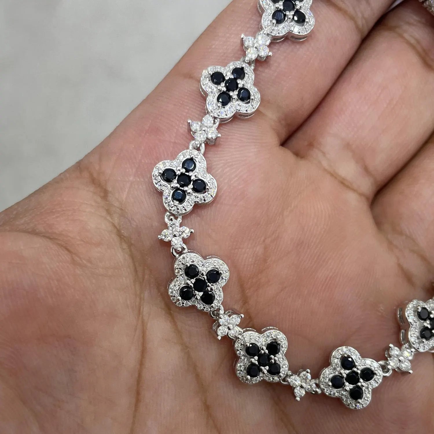 Moissanite Tennis Bracelet: Black Agate Clover, Sterling Silver, Iced Out Silver Bracelet, Diamond Bracelet, Black Clover Stone