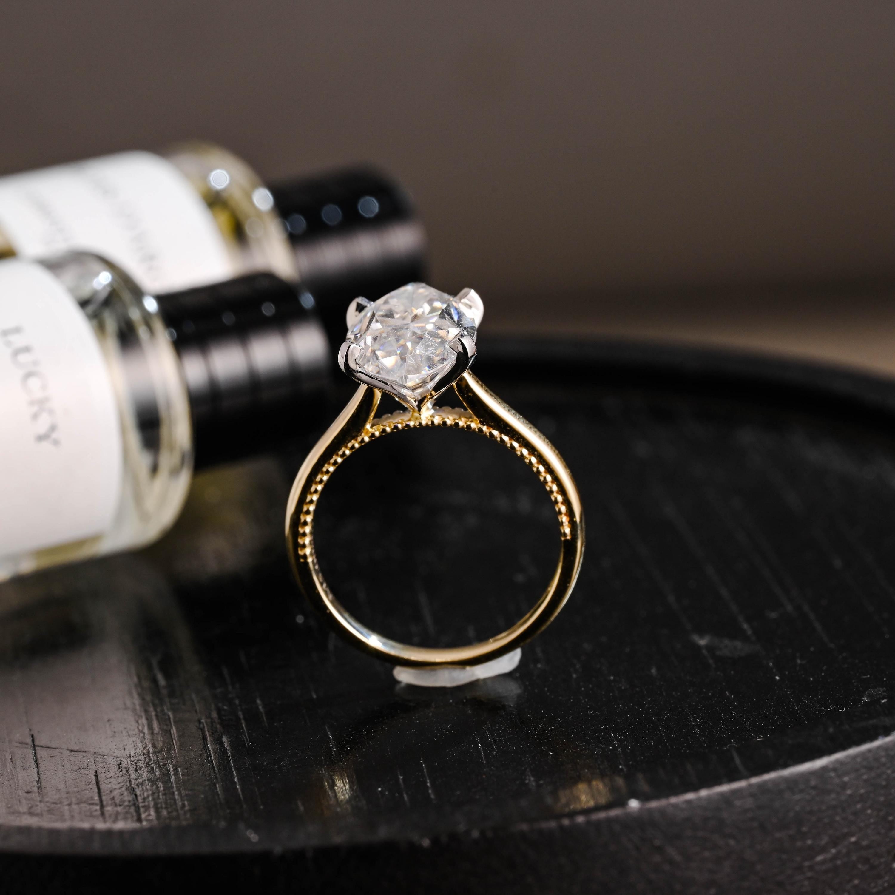 Beaded Marquise Moissanite Solid Gold Engagement Ring, Vintage Style Ring