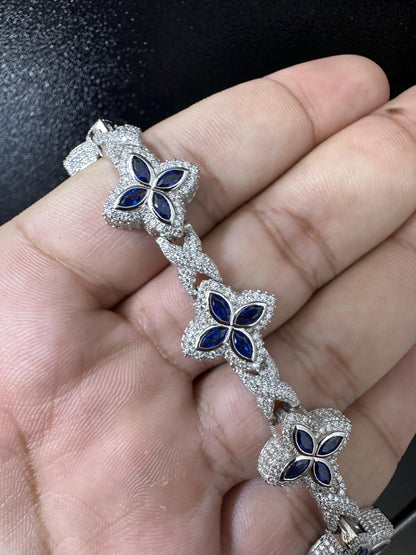Iced Out Clover Bracelet | VVS Moissanite, Blue Sapphire, Sterling Silver