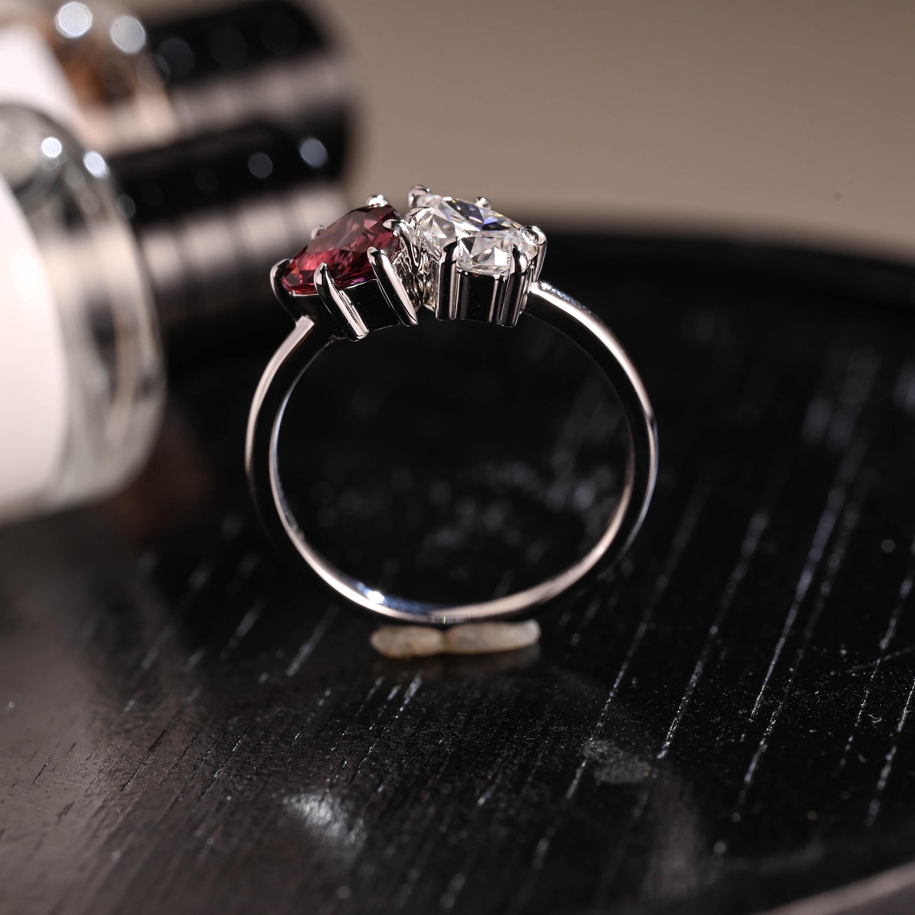 Toi et Moi Garnet Ring Pear Moissanite Engagement Ring, Solid Gold Heart Shaped Garnet Ring