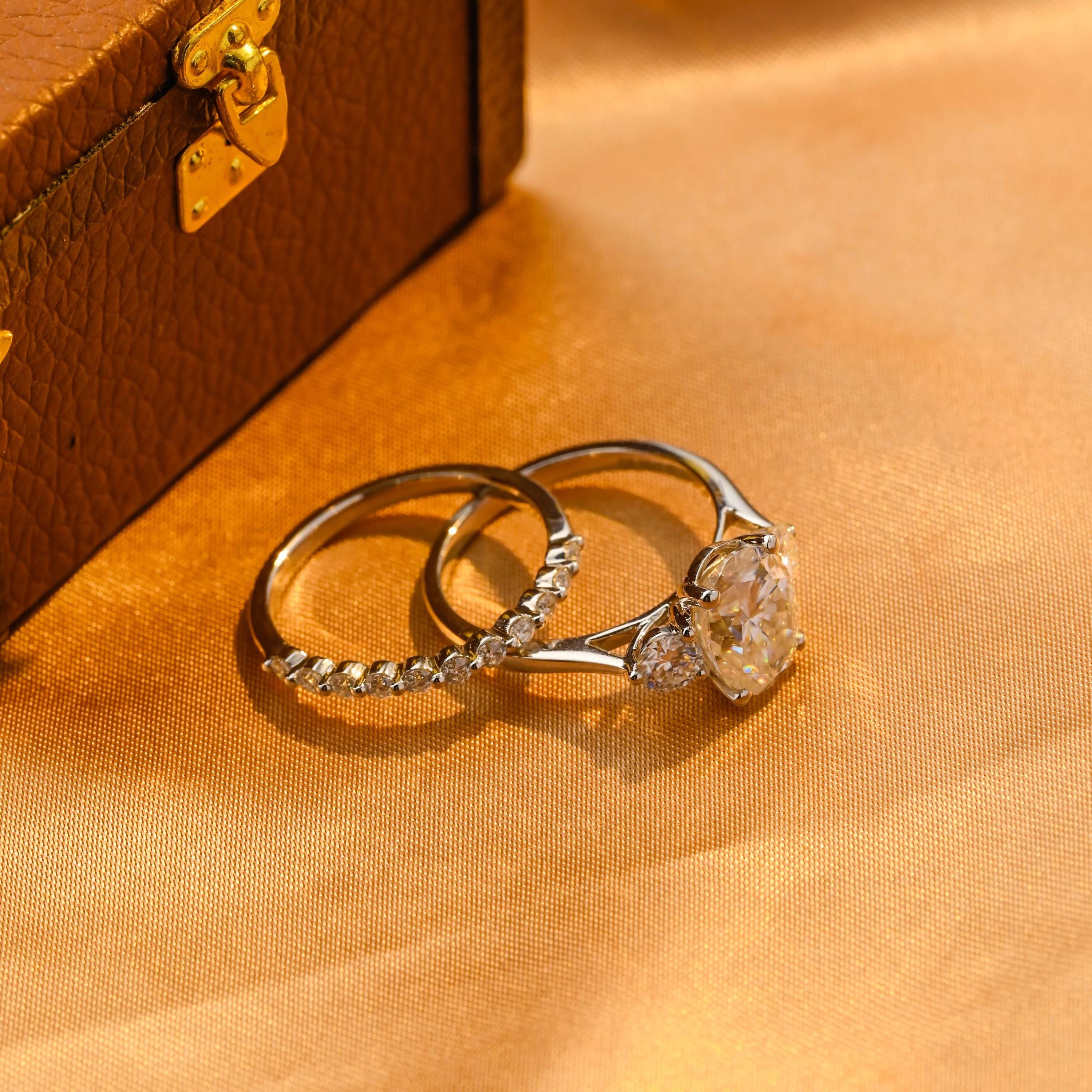 Solid Gold Three Stone Oval Cut Moissanite Engagement Ring Set, Half Eternity Ring Bridal Set