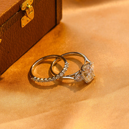 Solid Gold Three Stone Oval Cut Moissanite Engagement Ring Set, Half Eternity Ring Bridal Set