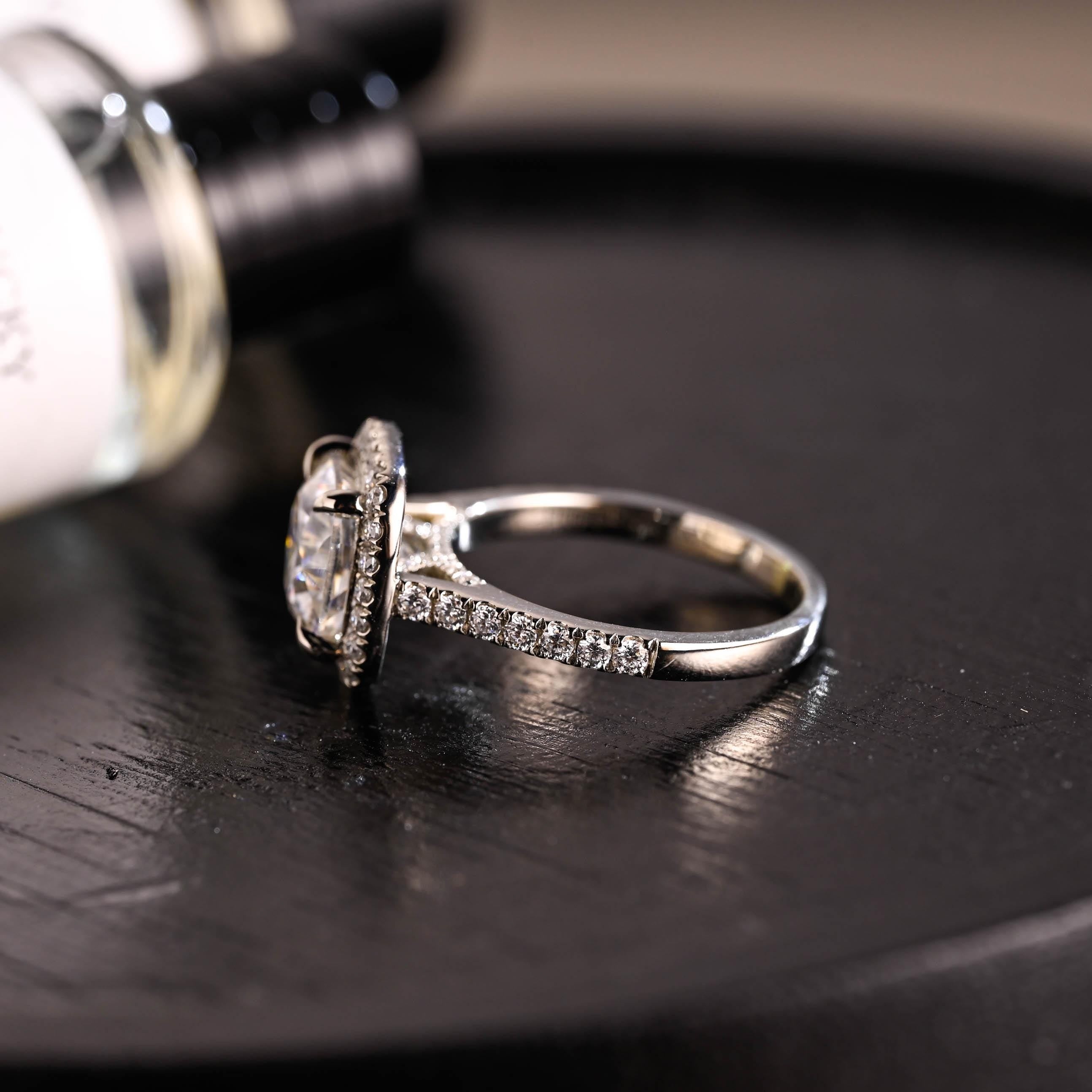 Solid Gold Cushion Cut Moissanite Engagement Ring, Halo Cushion Cut Wedding Ring, Half Pave Anniversary Ring, Bridge Halo Moissanite Ring