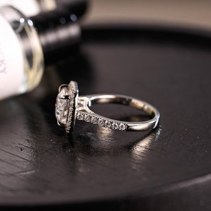 Solid Gold Cushion Cut Moissanite Engagement Ring, Halo Cushion Cut Wedding Ring, Half Pave Anniversary Ring, Bridge Halo Moissanite Ring