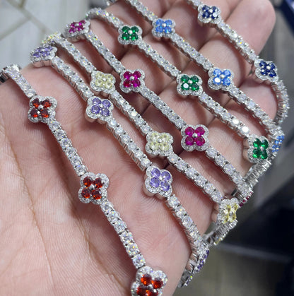 Moissanite Clover Chain Bracelet with 925 Sterling Silver, Diamond Cluster Bracelet, Diamond Flower Bracelet, Four Leaf Clover Bracelet