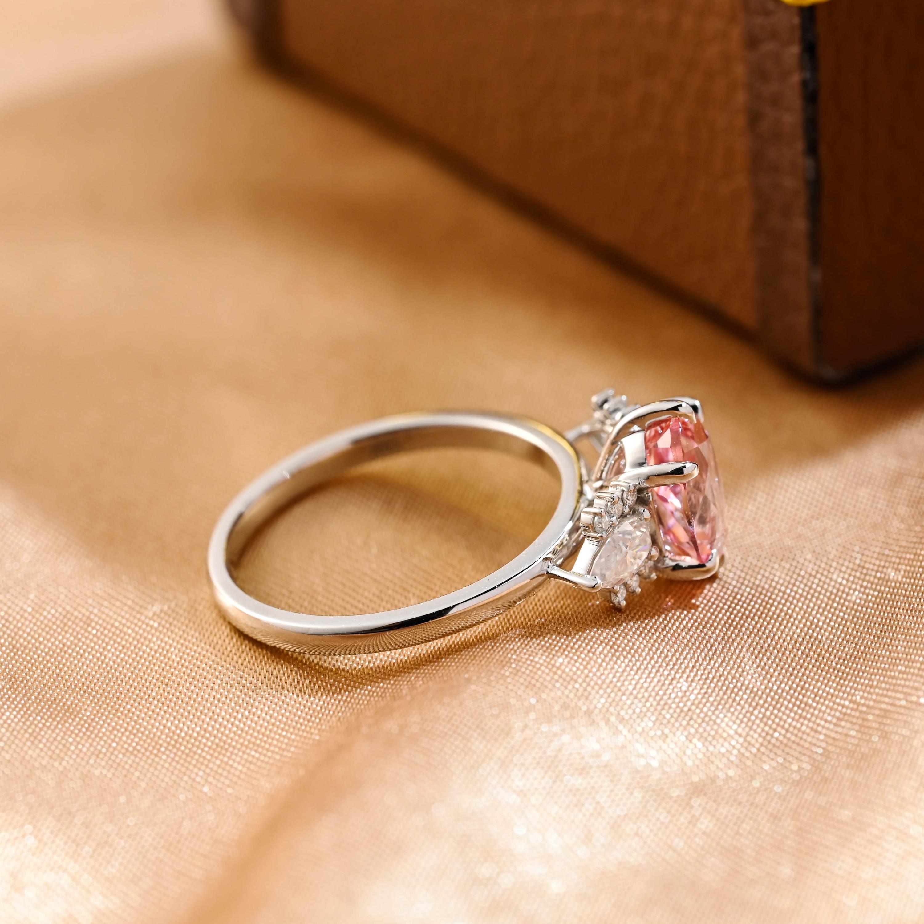 Solid Gold Oval Cut Lab Grown Pink Sapphire Engagement Ring, Side Cluster Wedding Ring