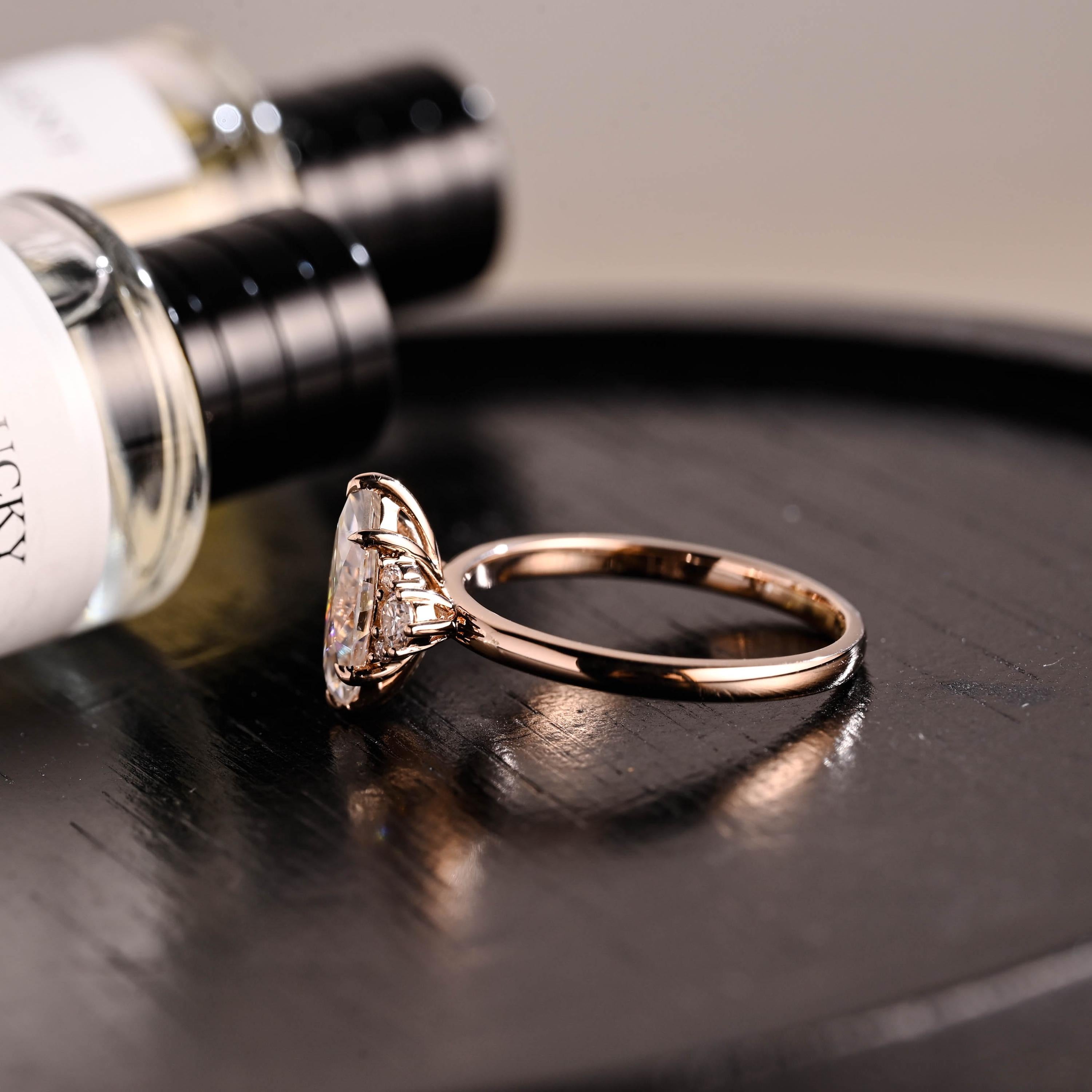 Marquise Cut Moissanite Engagement Ring, Starburst Side Cluster, Anniversary Gift