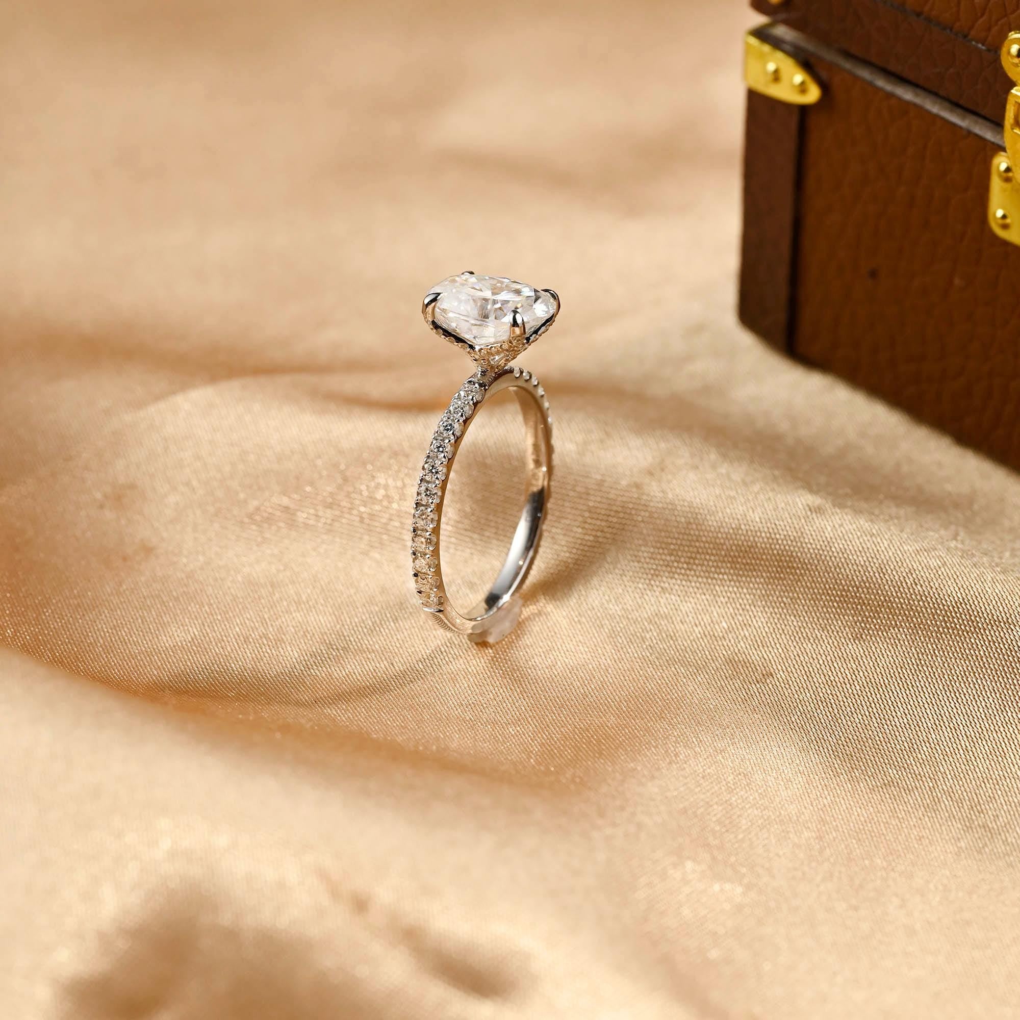 Solid Gold Tulip Setting Oval Cut Moissanite Engagement Ring, Nature Inspired Wedding Ring