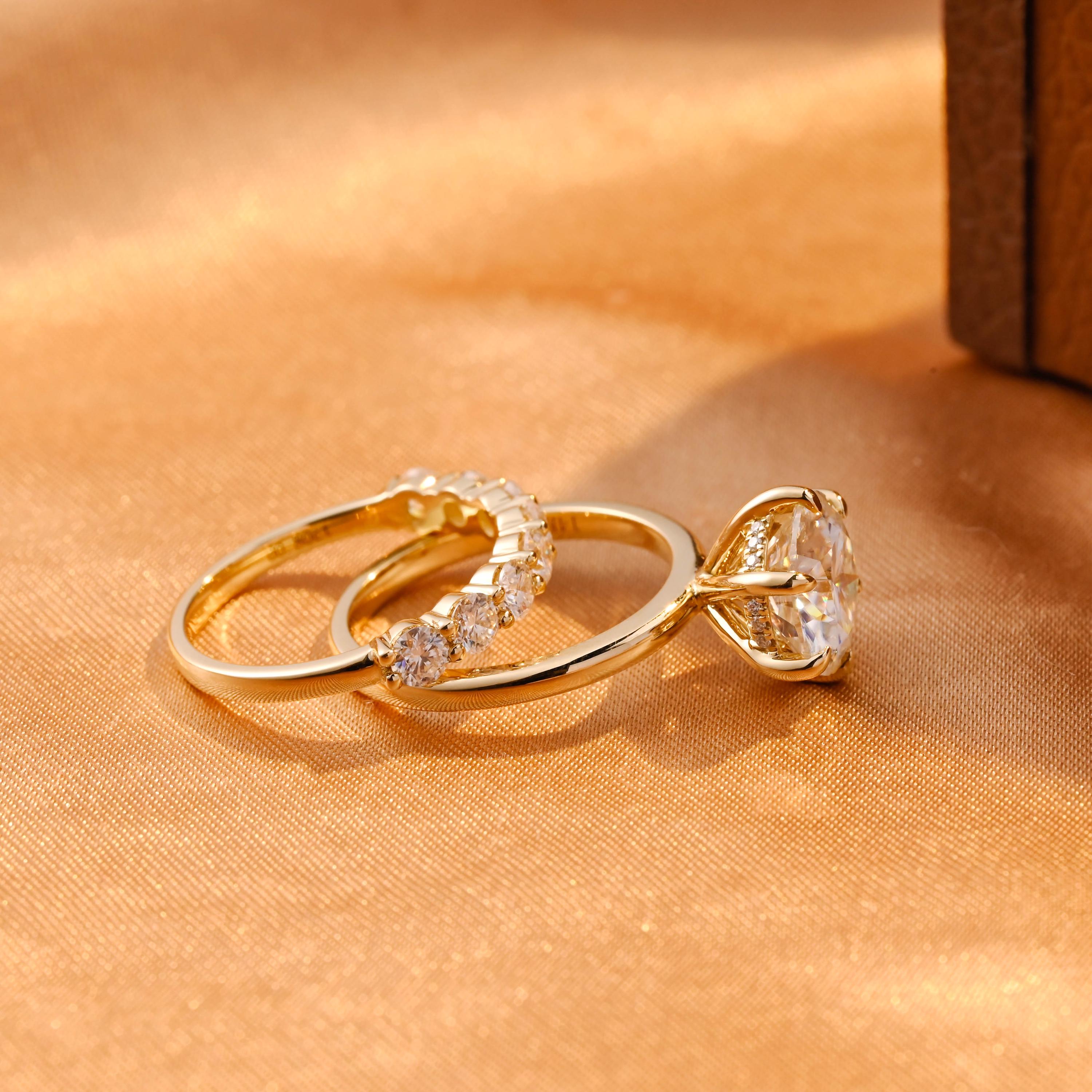 Solid Gold Hidden Halo Round Cut Moissanite Engagement Ring Set, Half Eternity Ring Bridal Set