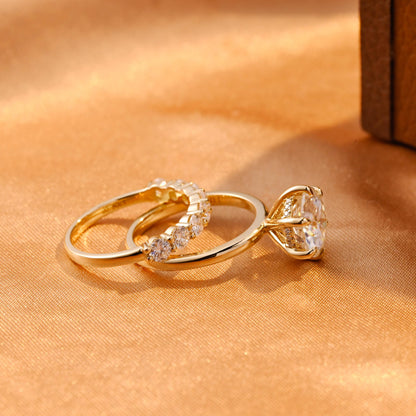 Solid Gold Hidden Halo Round Cut Moissanite Engagement Ring Set, Half Eternity Ring Bridal Set