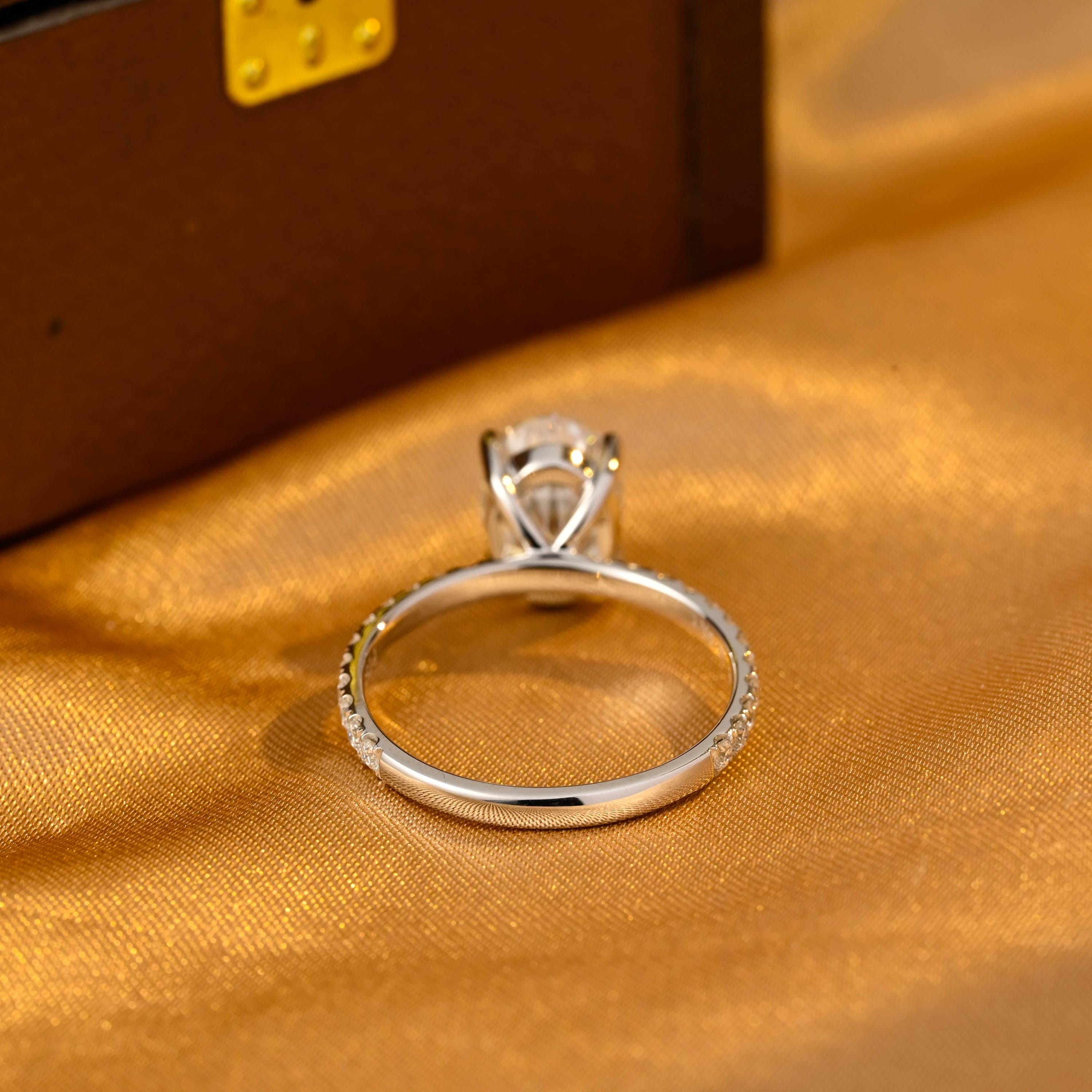 Solid Gold Oval Cut Moissanite Engagement Ring, Half Pave Wedding Ring