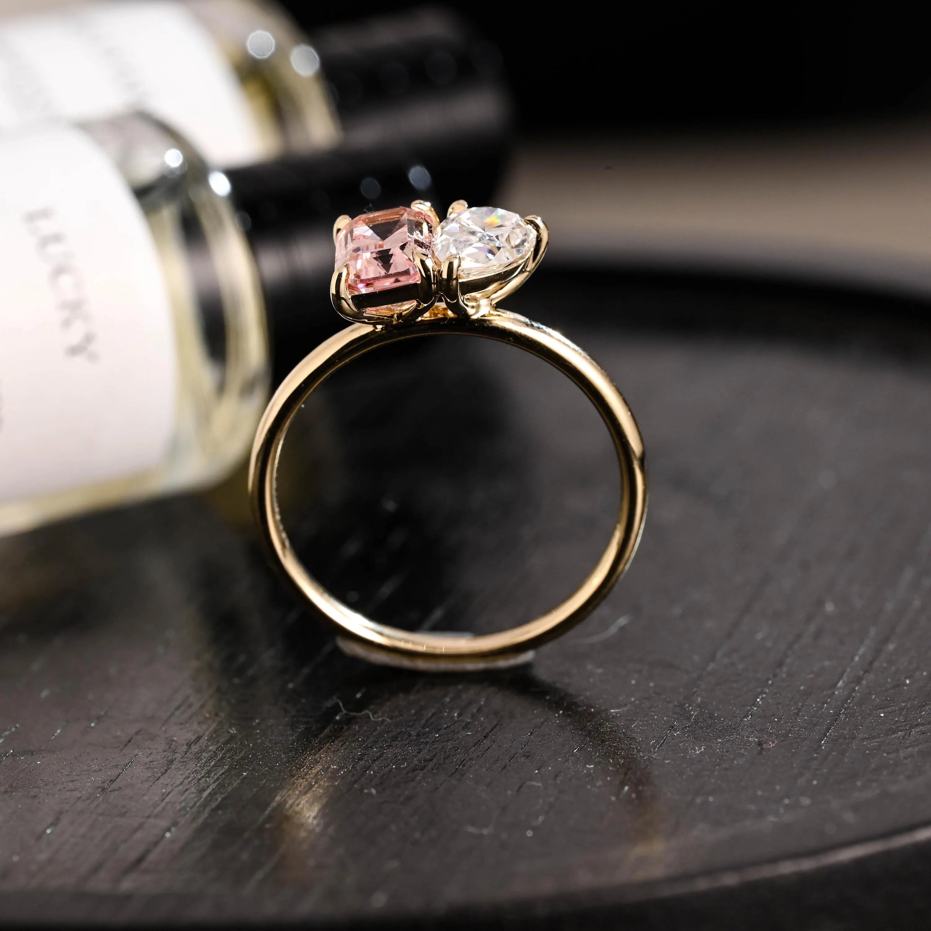 Solid Gold Toi et Moi Emerald Cut Pink Sapphire & Pear Cut Moissanite Engagement Ring