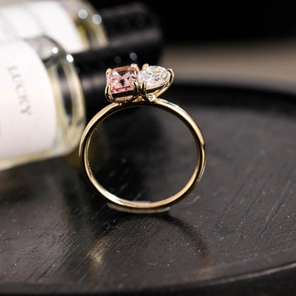 Solid Gold Toi et Moi Emerald Cut Pink Sapphire & Pear Cut Moissanite Engagement Ring