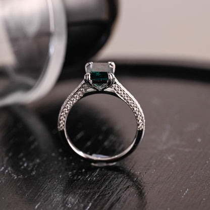 Full Pave Lab Grown Emerald Engagement Ring, Cathedral Setting Wedding Ring, 8 Prongs Anniversary Ring for Women, Moissanite Ring Gifts