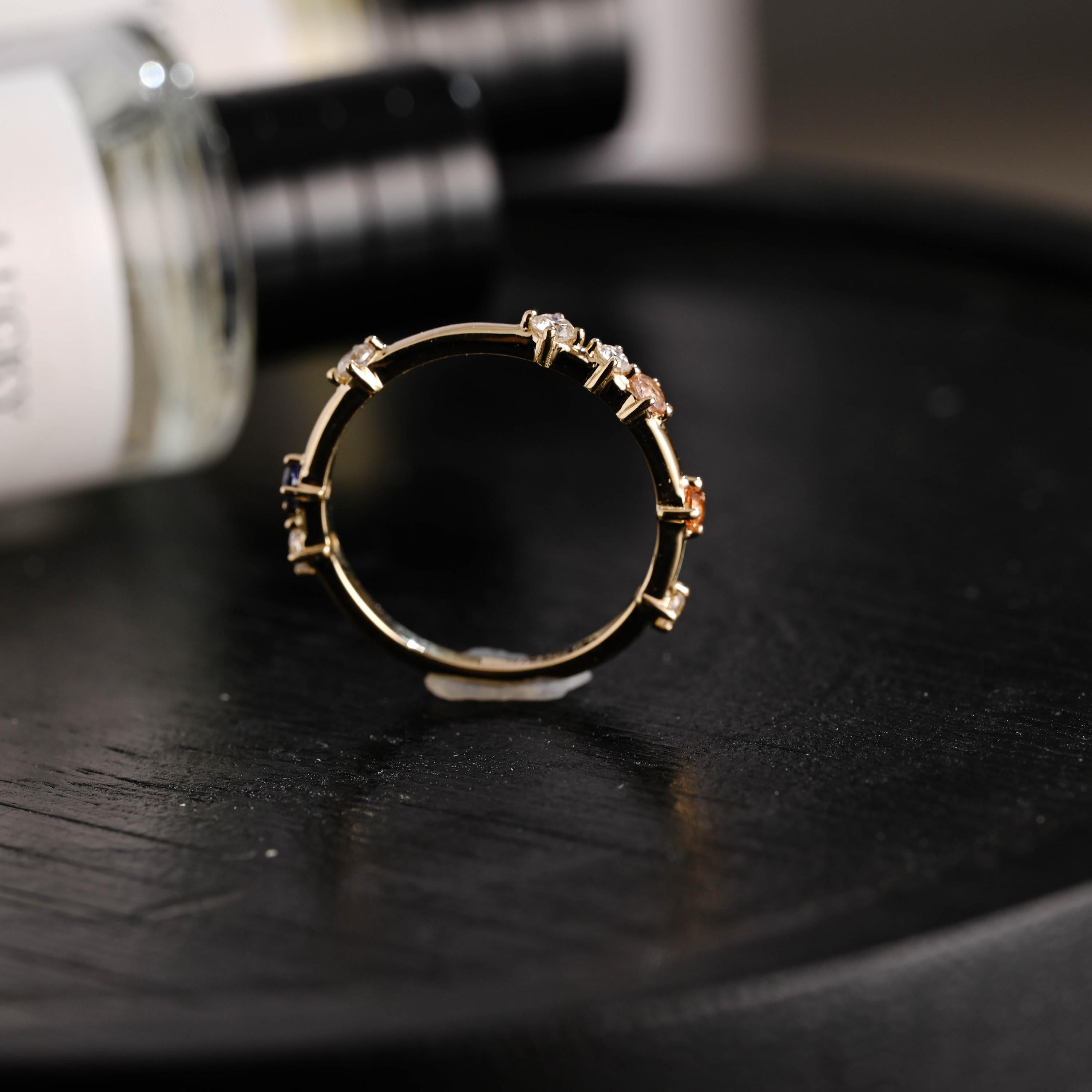 Solid Gold Moissanite Wedding Band, Pink Blue Orange Ring