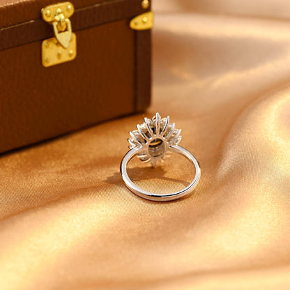Solid Gold Oval Cut Black Moissanite Engagement Ring, Starburst Halo Ring