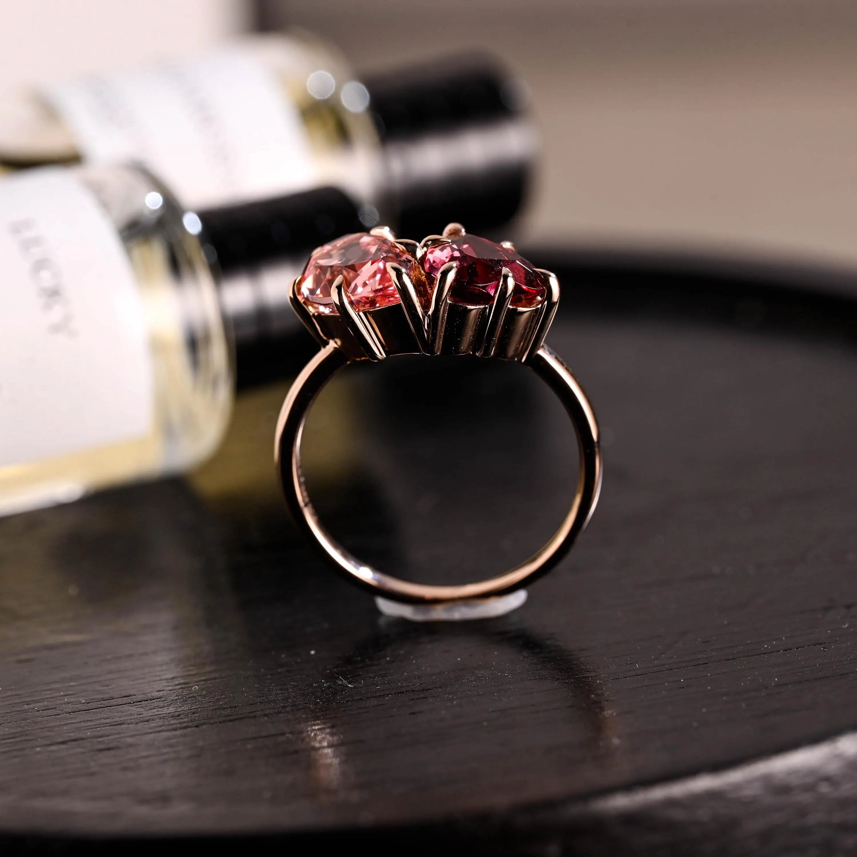 Toi et Moi Heart Garnet Ring Engagement Ring, Lab Pink Pear Sapphire Solid Gold Wedding Ring