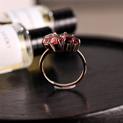 Toi et Moi Heart Garnet Ring Engagement Ring, Lab Pink Pear Sapphire Solid Gold Wedding Ring
