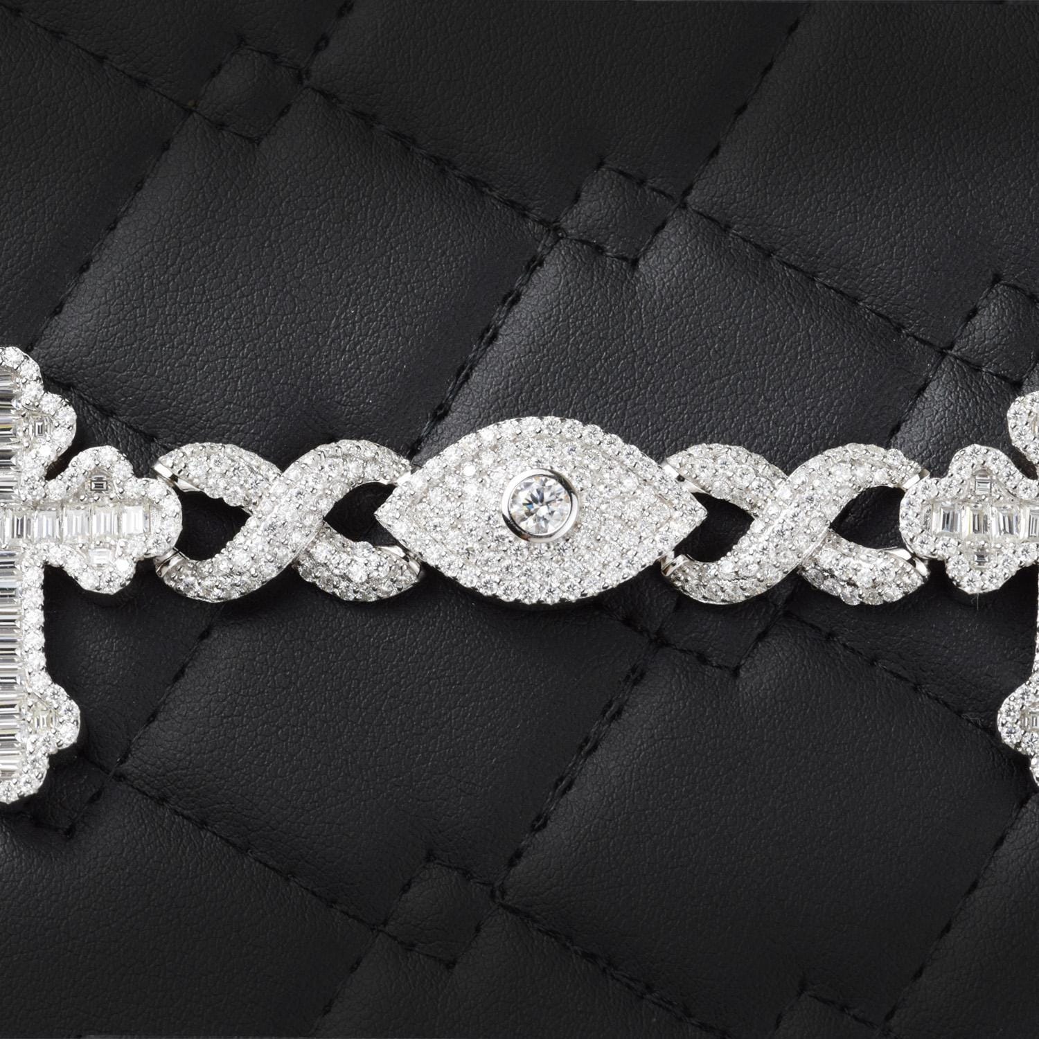 Moissanite Infinity Cross Evil Eye Bracelet: 925 Sterling Silver, 16 Carats