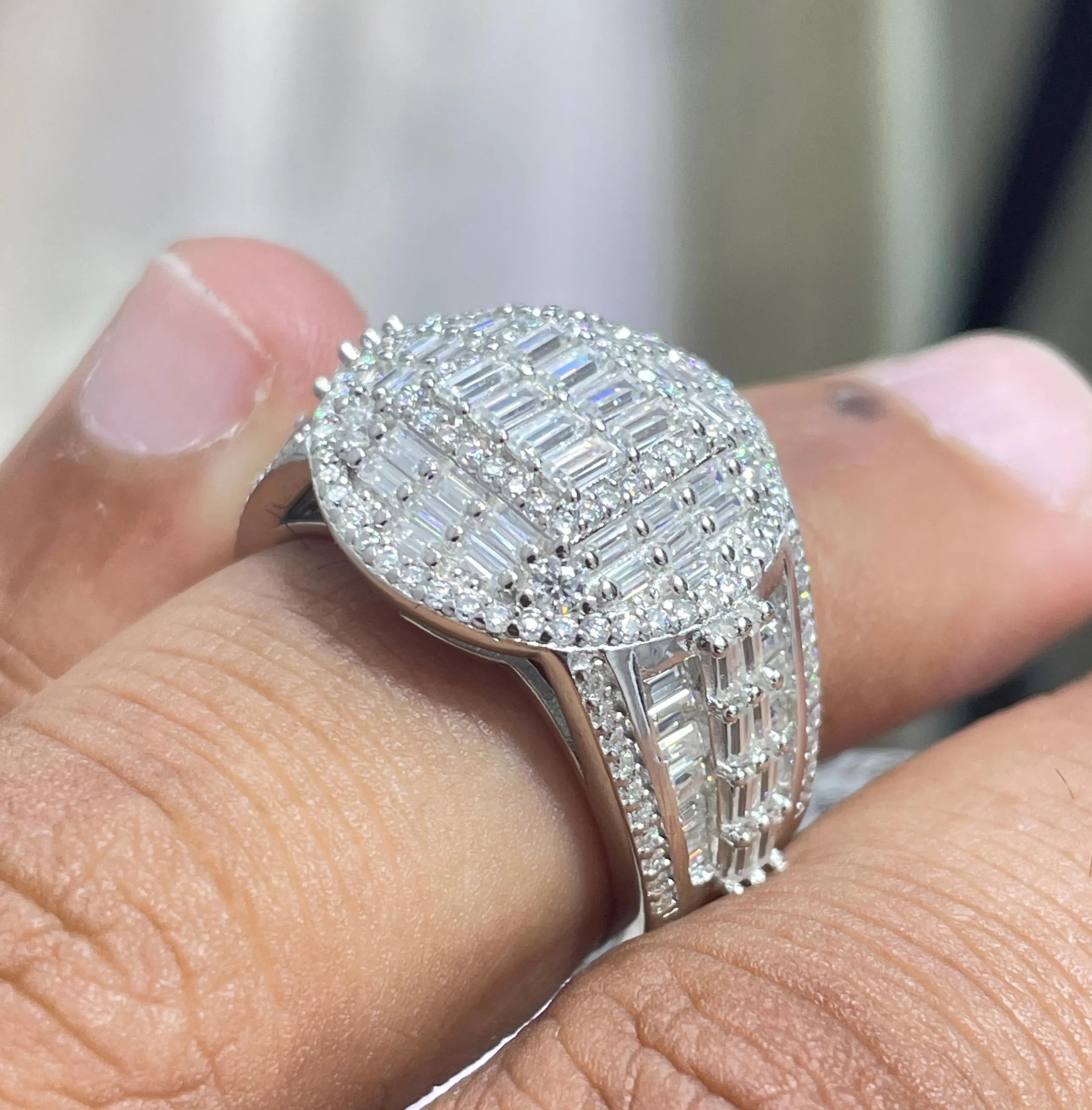 Custom Iced Out Moissanite Hip Hop Ring: 14K Gold Plated Sterling Silver Baguette Moissanite Ring