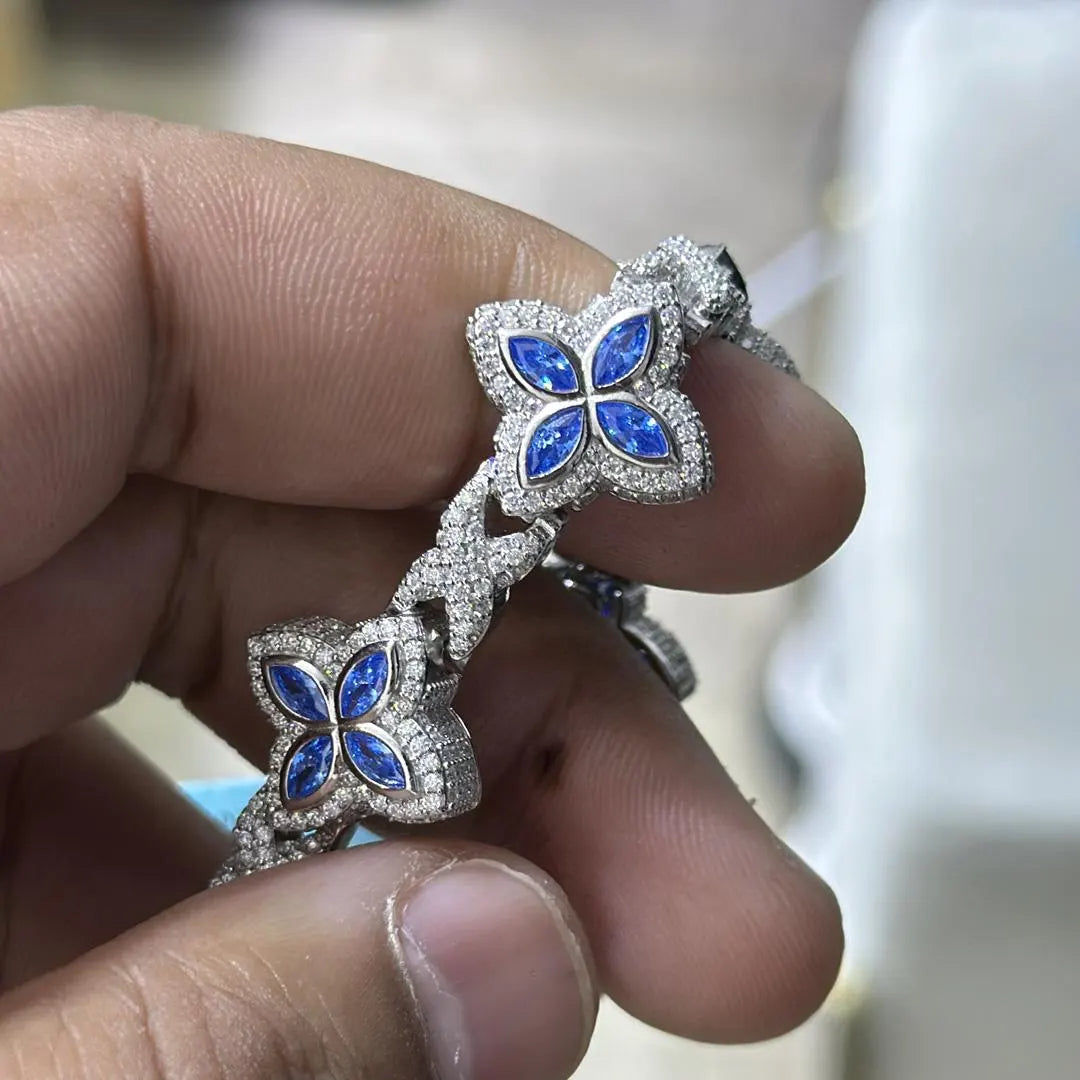 Iced Out Clover Bracelet: VVS Moissanite Diamond, Sterling Silver Link