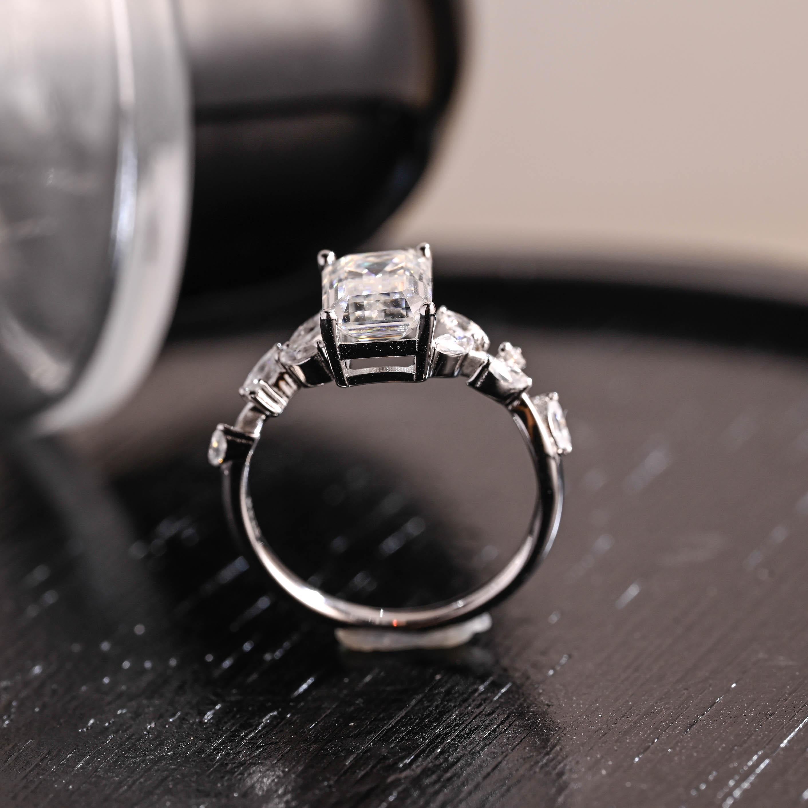 Solid Gold Side Cluster Emerald Cut Moissanite Engagement Ring, Anniversary Ring, Moissanite Leaf Ring