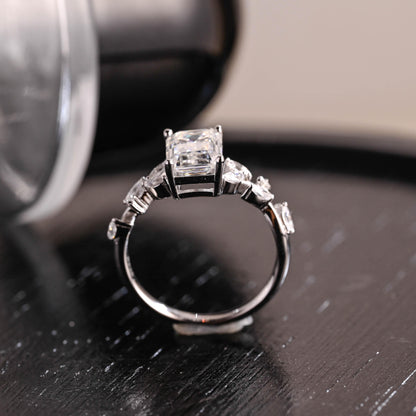 Solid Gold Side Cluster Emerald Cut Moissanite Engagement Ring, Anniversary Ring, Moissanite Leaf Ring
