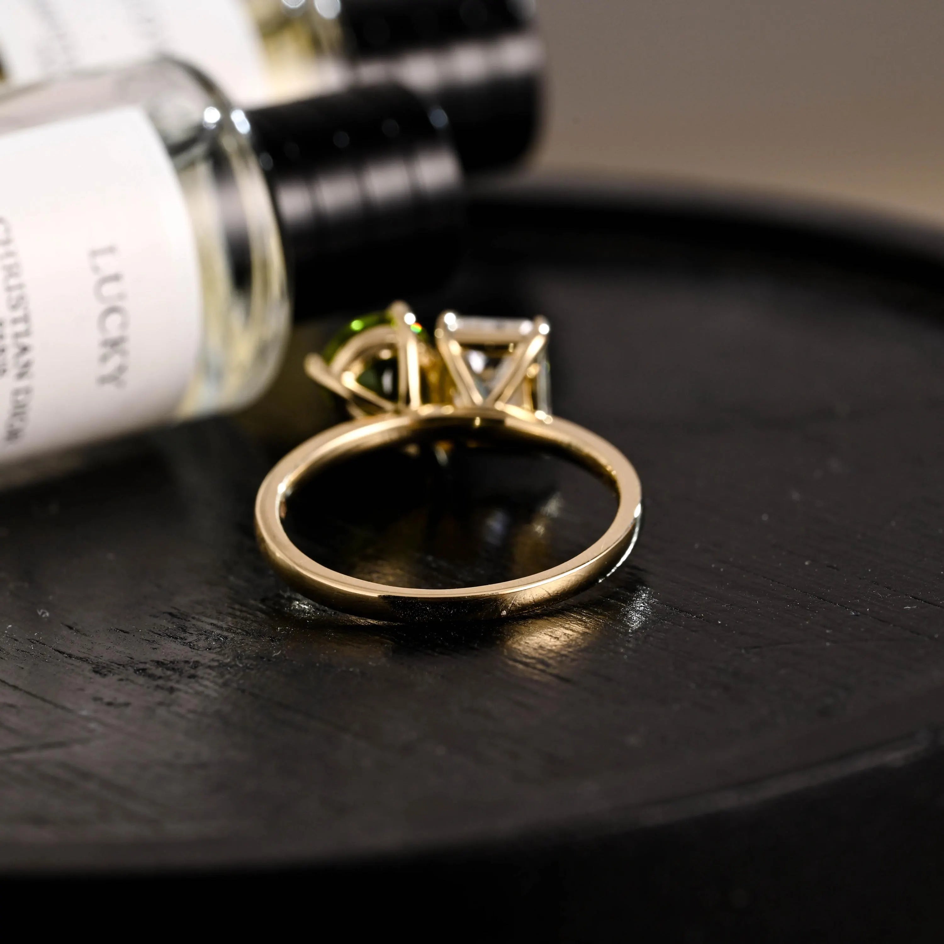 Solid Gold Toi et Moi Emerald Cut Moissanite & Pear Lab Grown Peridot Engagement Ring