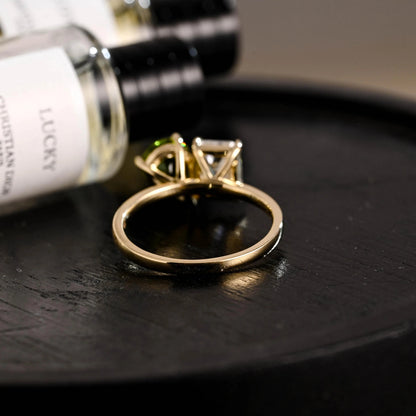 Solid Gold Toi et Moi Emerald Cut Moissanite & Pear Lab Grown Peridot Engagement Ring