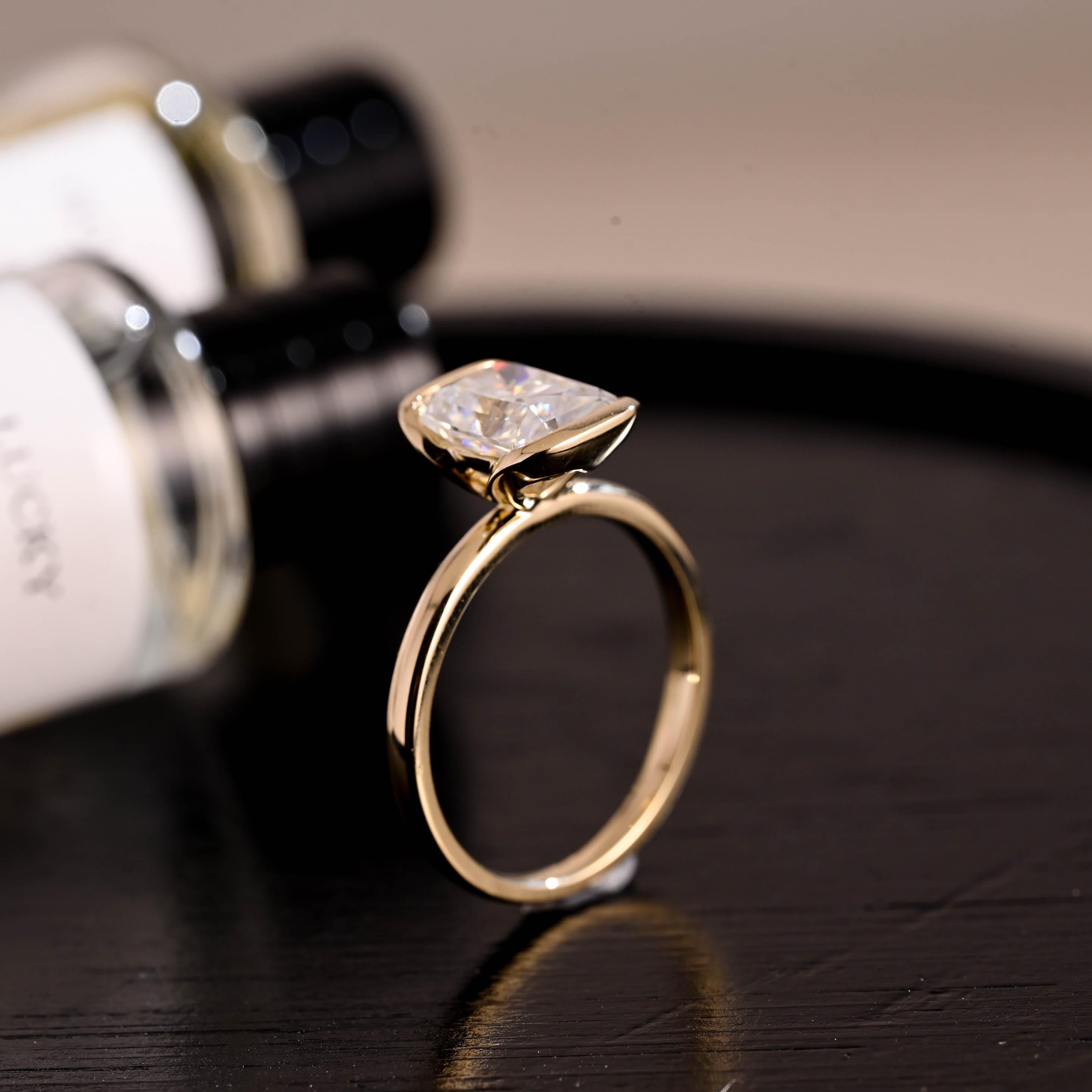 Solid Gold Half Bezel Radiant Cut Moissanite Engagement Ring, Solitaire Ring