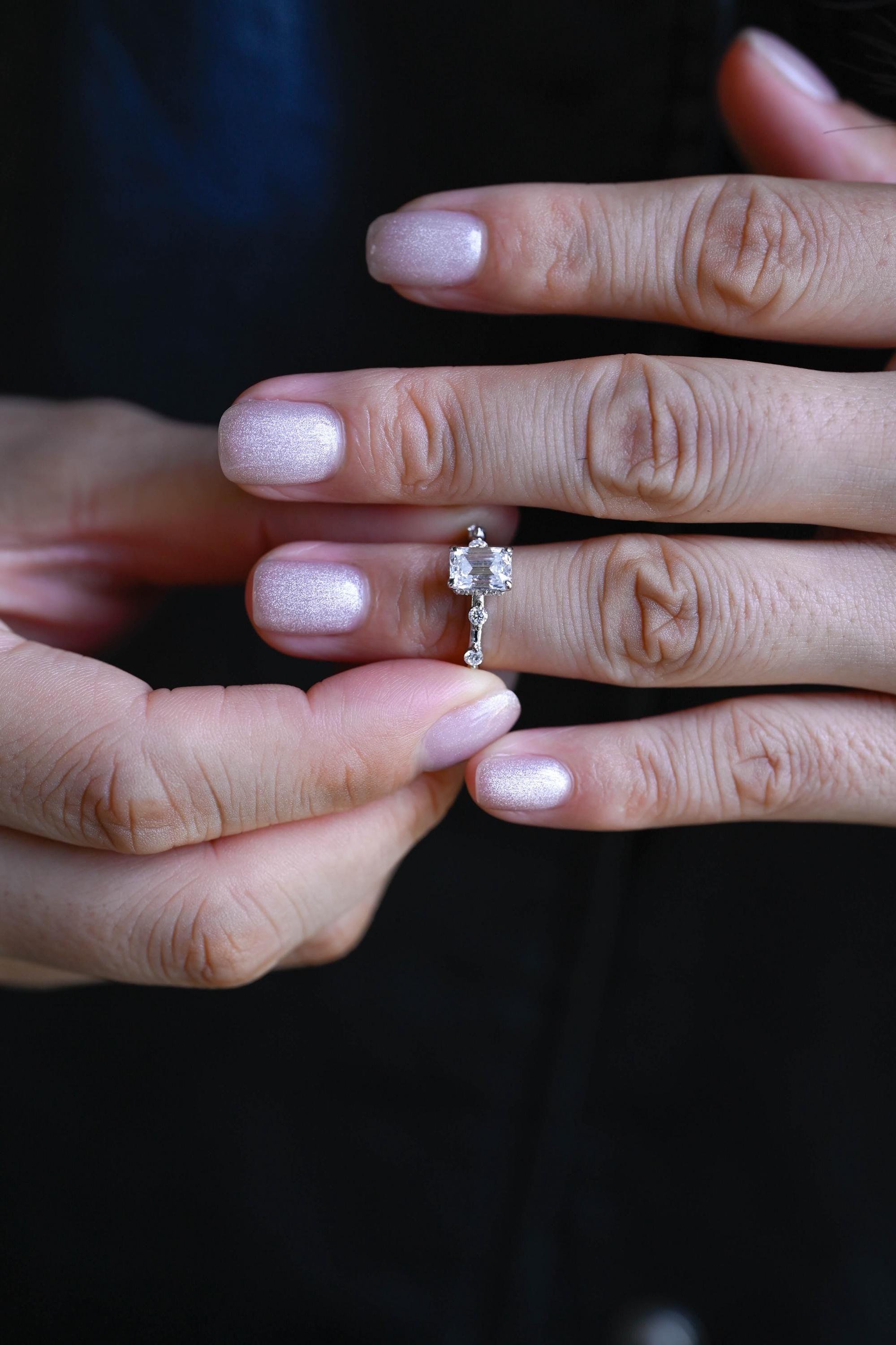 Solid Gold Hidden Halo Emerald Cut Moissanite Engagement Ring, Proposal Ring, Promise Ring, Wedding Ring, Anniversary Gift for Women Wife