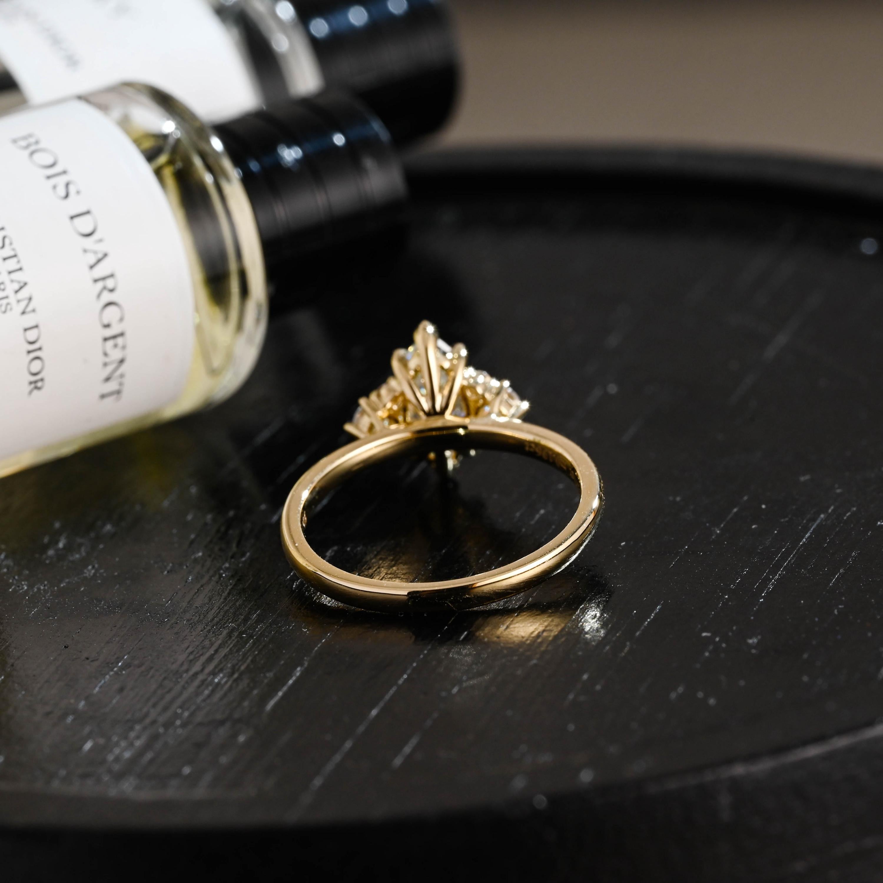 Solid Gold Marquise Moissanite Engagement Ring, Side Cluster Ring, Anniversary Gift