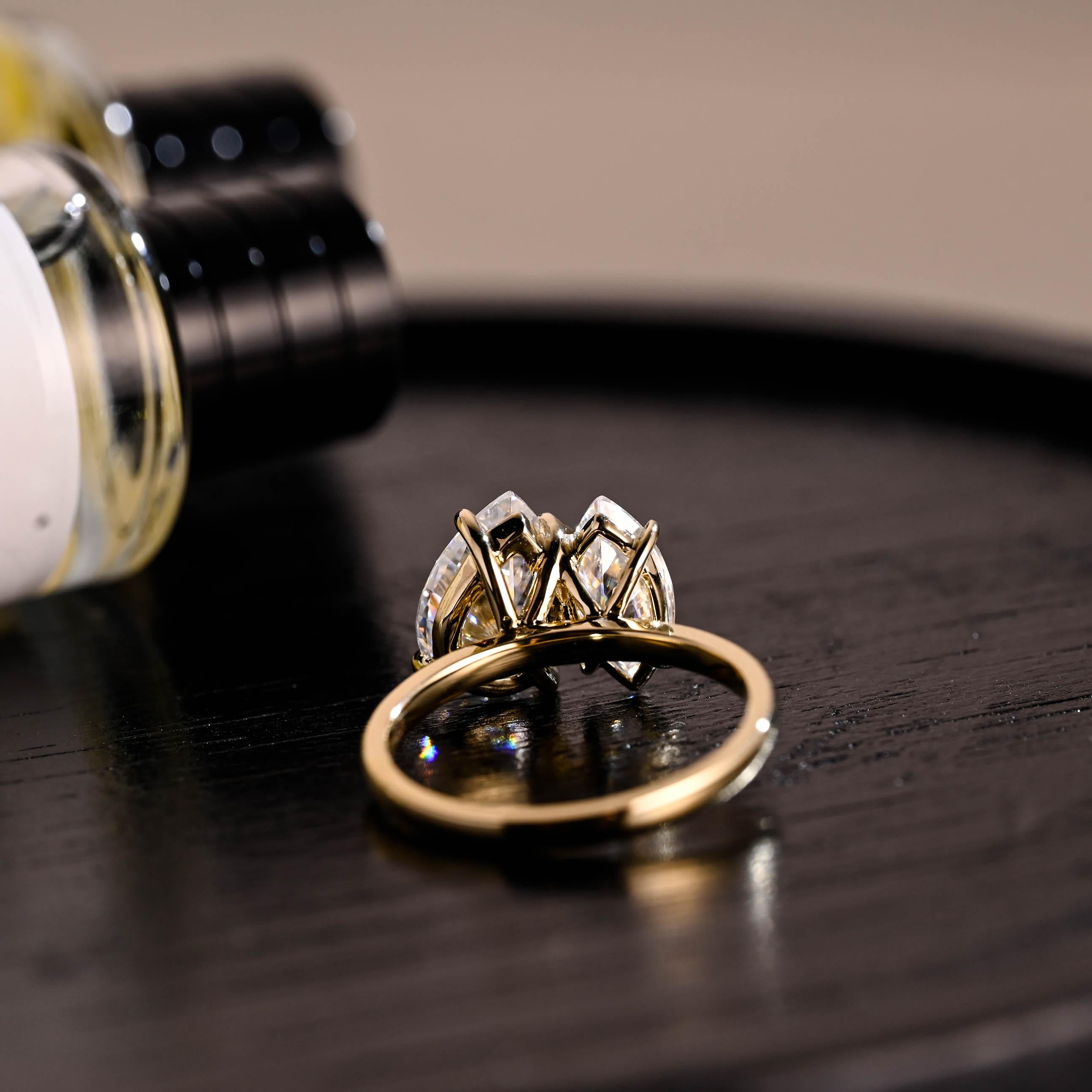 Toi et Moi Moissanite Engagement Ring, Marquise/Pear Cut Moissanite Solid Gold Ring, Two-Stone Wedding Ring