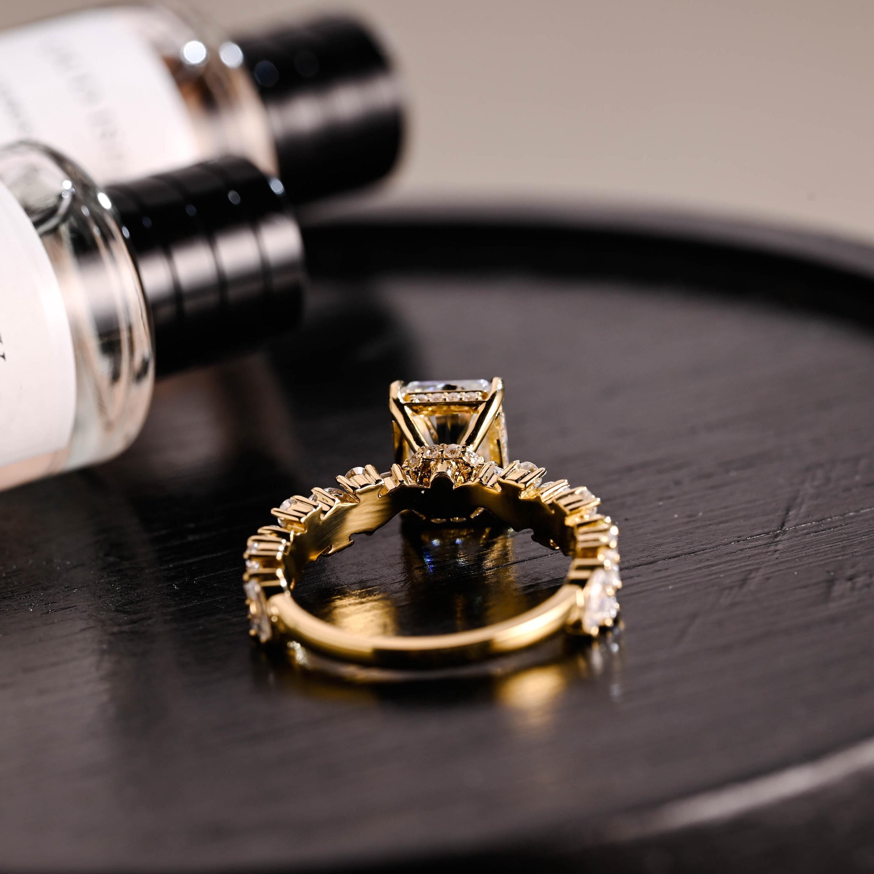 Solid Gold Half Pave Hidden Halo Radiant Cut Moissanite Engagement Ring